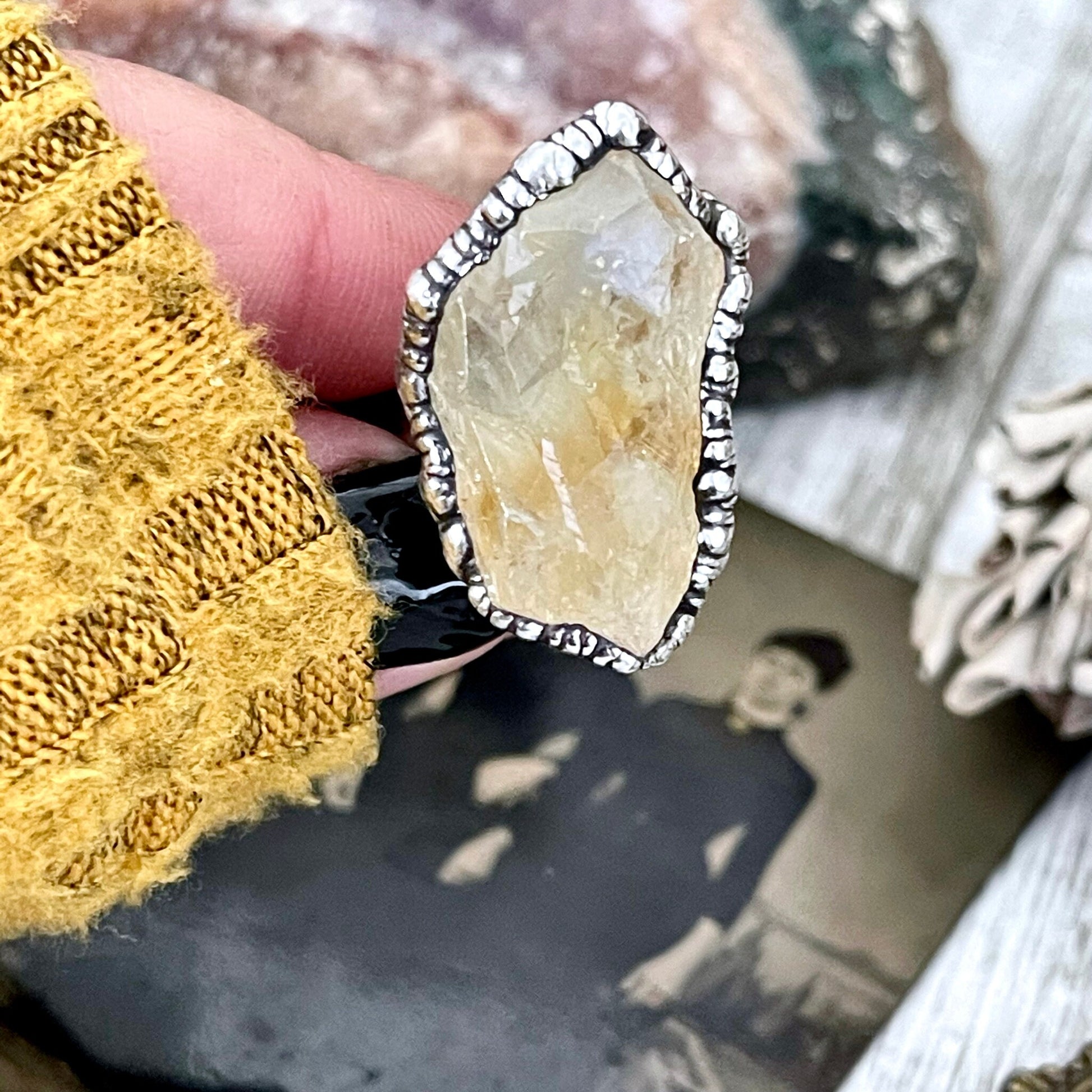 Size 6 Raw Citrine Crystal Point Ring Set in Fine Silver  / Foxlark Collection - One of a Kind.