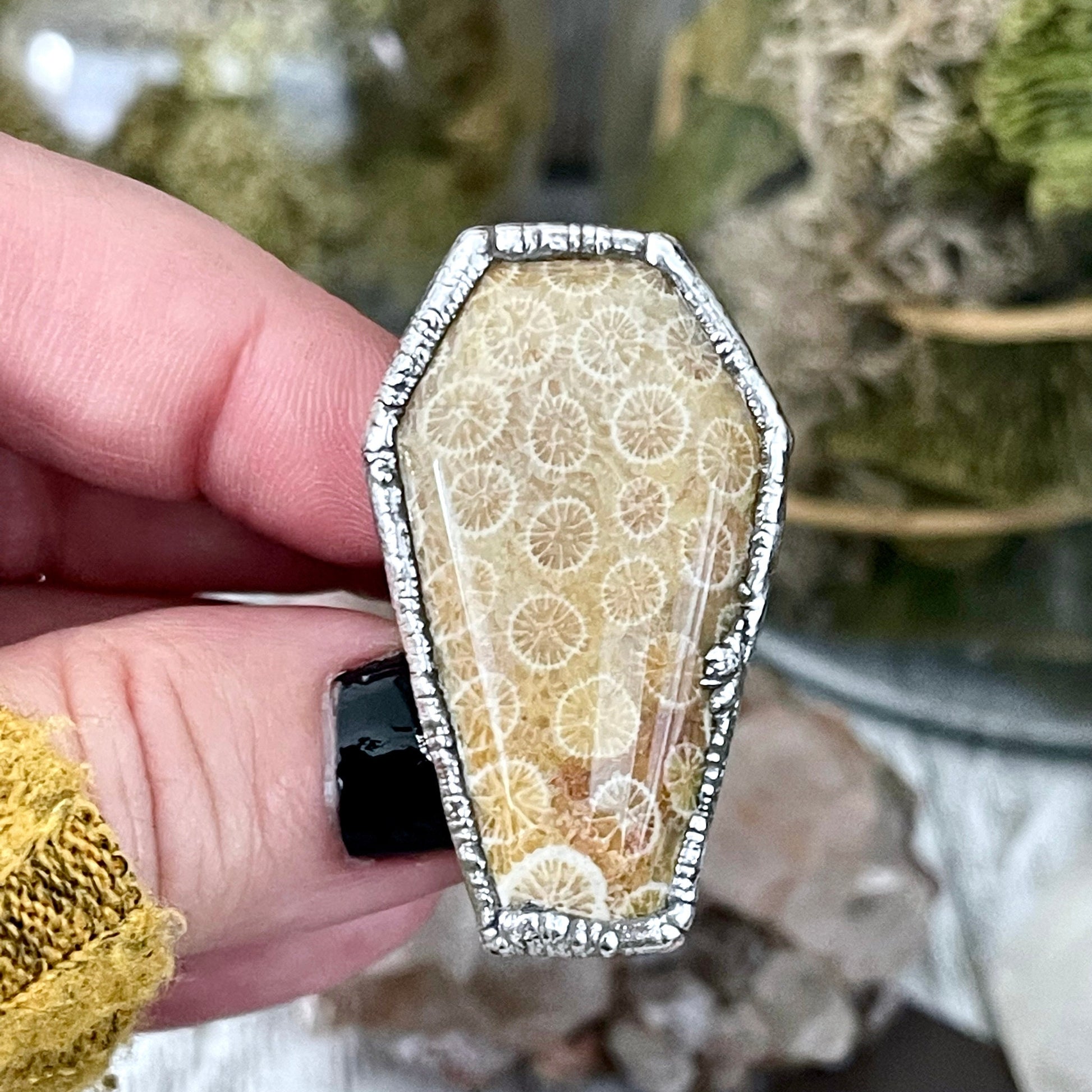 Size 8.5 Large Fossilized Coral Coffin Statement Ring in Fine Silver / Foxlark Collection - One of a Kind.