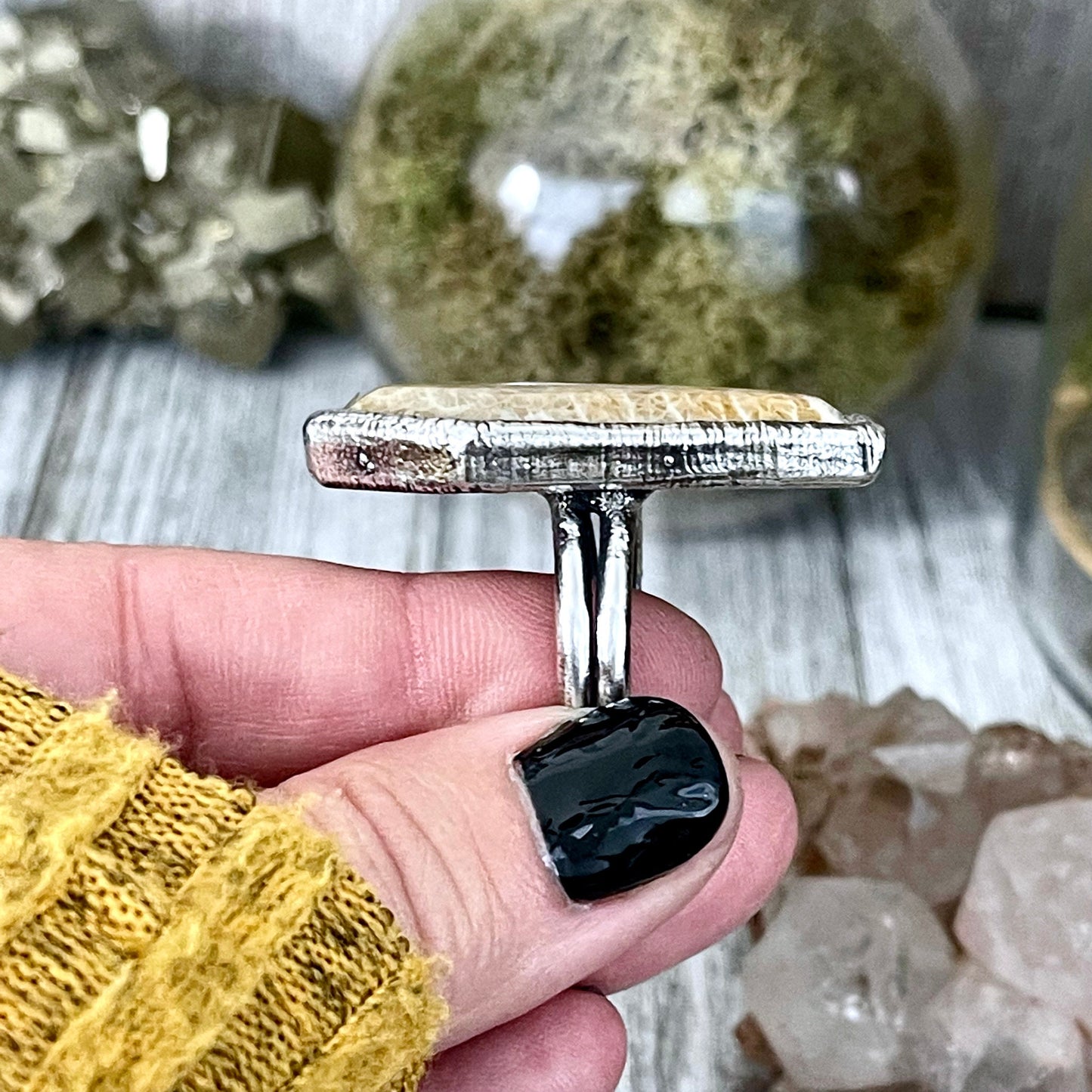 Size 8.5 Large Fossilized Coral Coffin Statement Ring in Fine Silver / Foxlark Collection - One of a Kind.