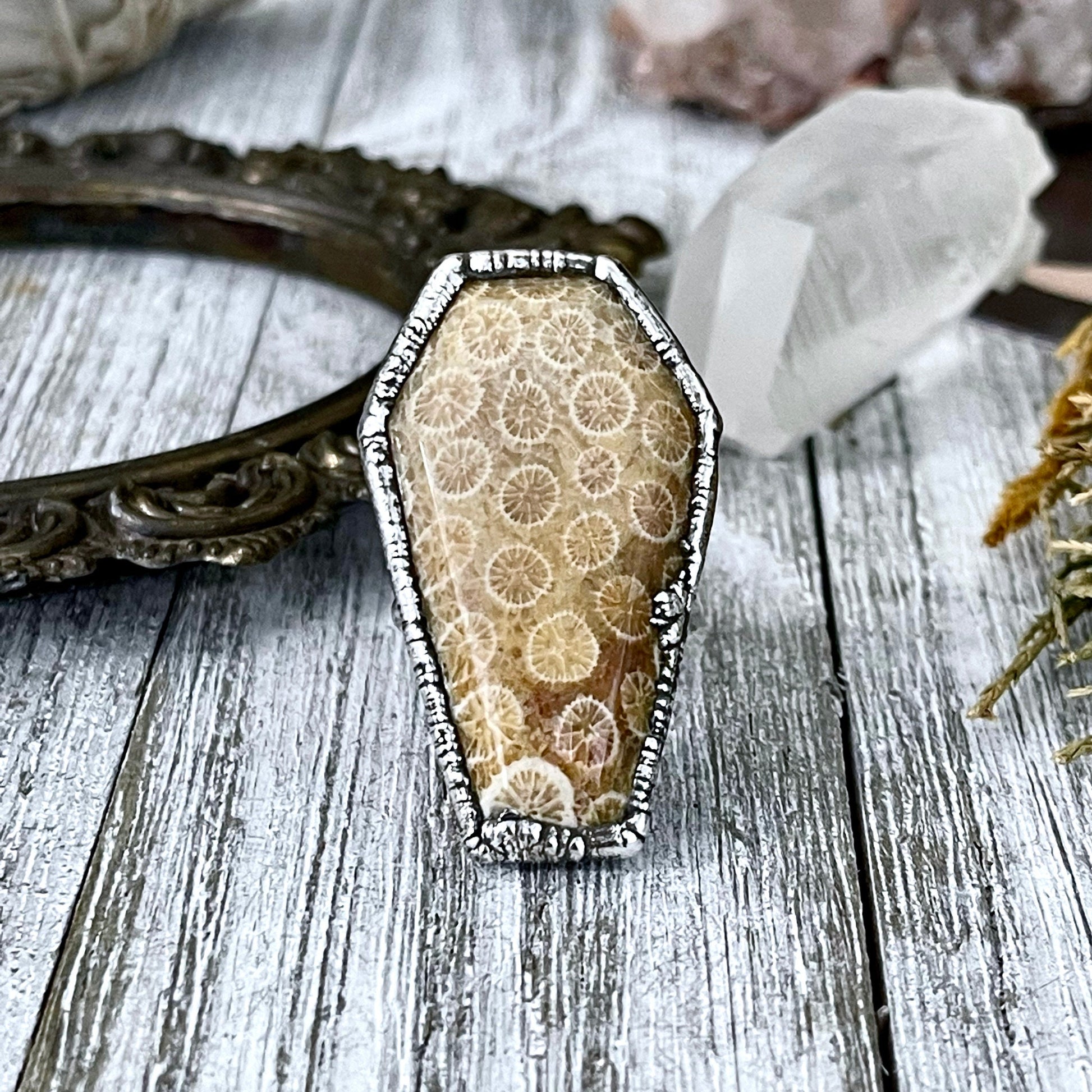 Size 8.5 Large Fossilized Coral Coffin Statement Ring in Fine Silver / Foxlark Collection - One of a Kind.