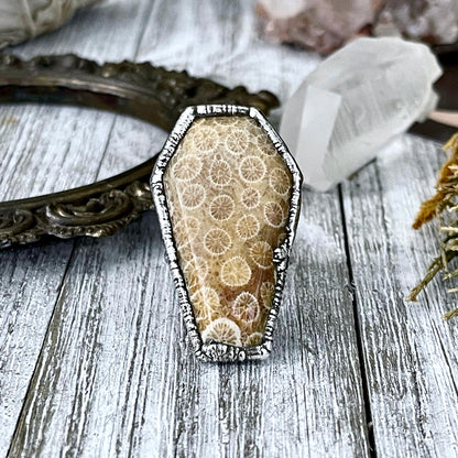 Size 8.5 Large Fossilized Coral Coffin Statement Ring in Fine Silver / Foxlark Collection - One of a Kind.