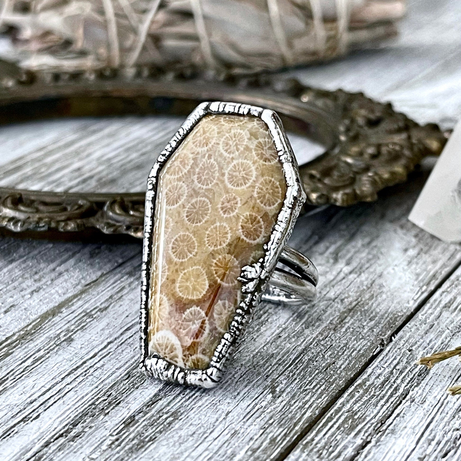 Coffin Jewelry, Etsy ID: 1308026785, Festival Jewelry, Fossilized Coral, Fossilized Palm Root, FOXLARK- RINGS, Gemstone Ring, Gothic Jewelry, Halloween Jewelry, Healing Crystal, Jewelry, Ring For Woman, Rings, Silver Coffin Ring, silver crystal ring, Silv