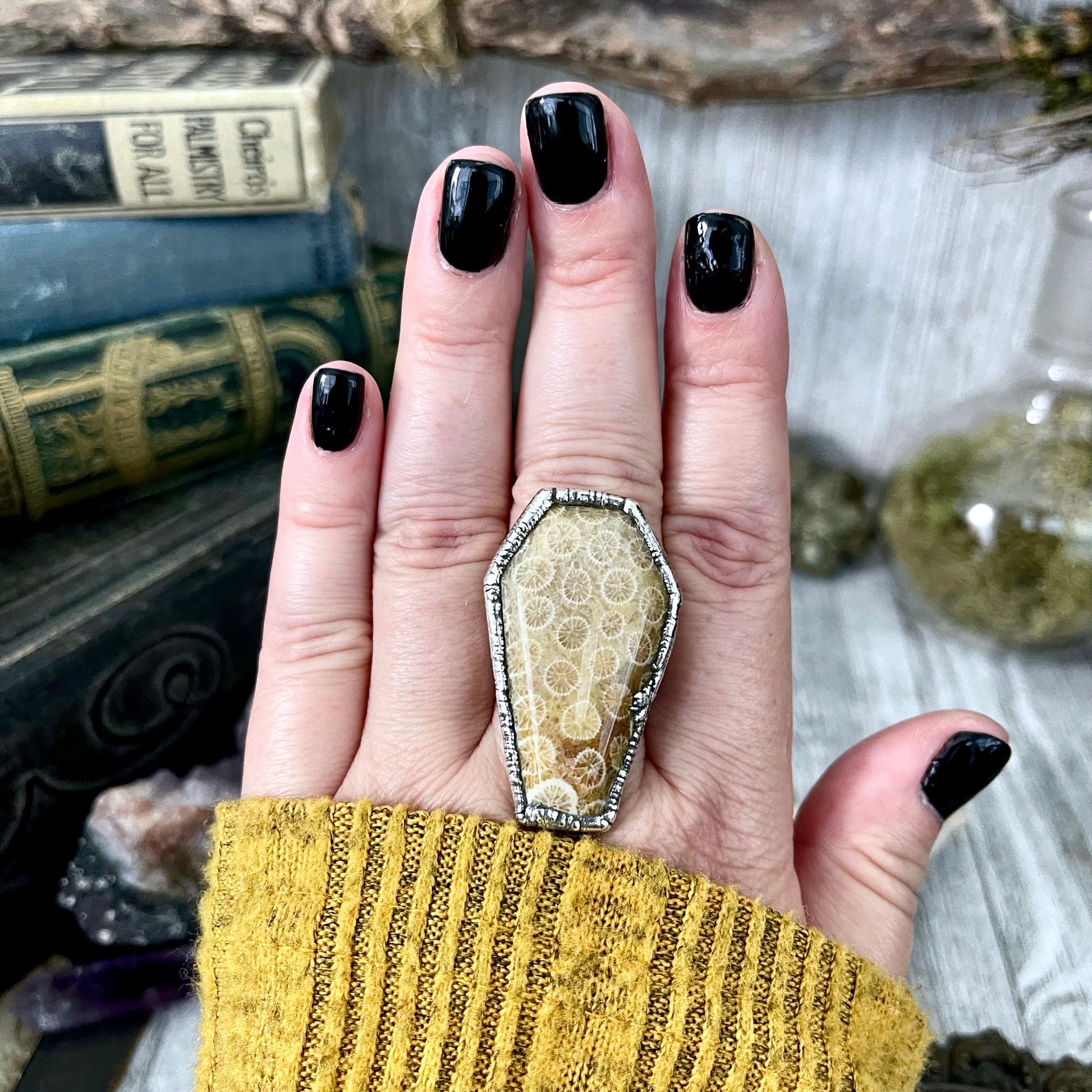 Size 8.5 Large Fossilized Coral Coffin Statement Ring in Fine Silver / Foxlark Collection - One of a Kind.