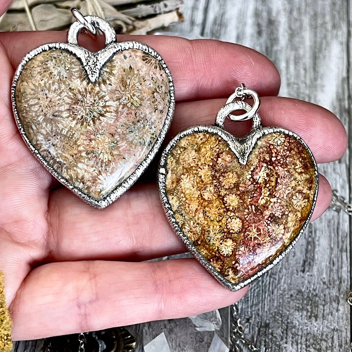 Big Fossilized Coral Heart Necklace in Fine Silver / Foxlark Collection - One of a Kind