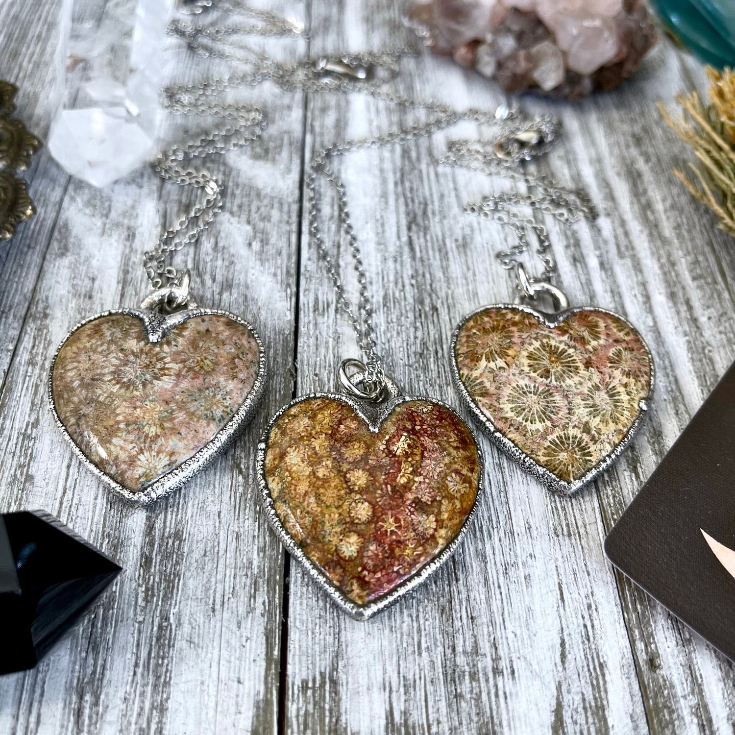 Big Fossilized Coral Heart Necklace in Fine Silver / Foxlark Collection - One of a Kind