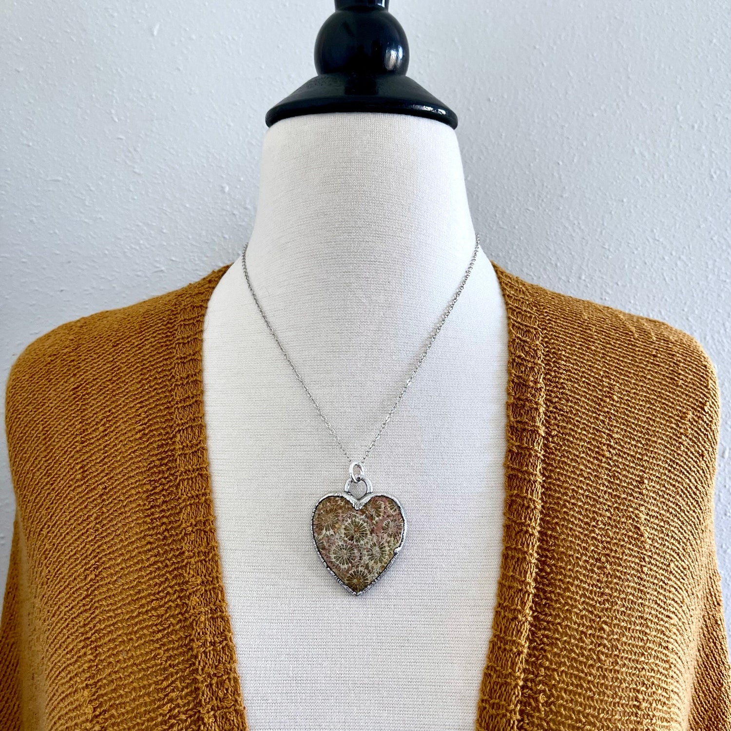 Big Fossilized Coral Heart Necklace in Fine Silver / Foxlark Collection - One of a Kind