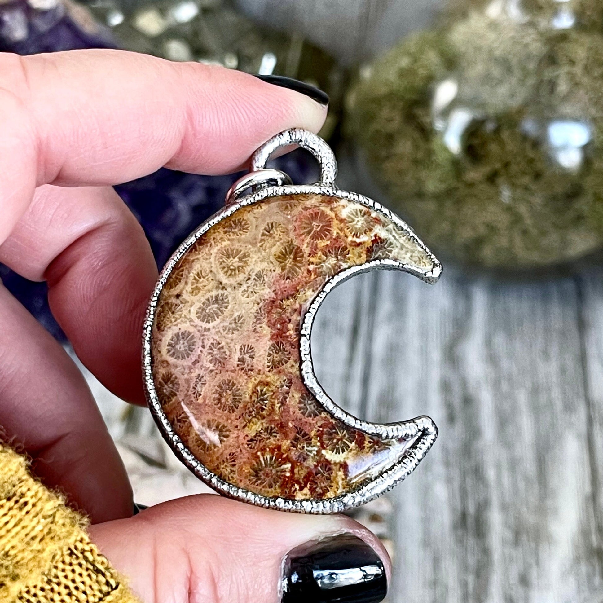 Bohemian Fashion, Bohemian Jewelry, Crescent Moon, Crystal Jewelry, Crystal Necklace, Crystal Necklaces, Crystal pendant, Etsy ID: 1318999109, Fossilized Palm Root, FOXLARK- NECKLACES, Healing Crystal, Jewelry, Jewelry For Woman, Moon Necklace, Necklaces,