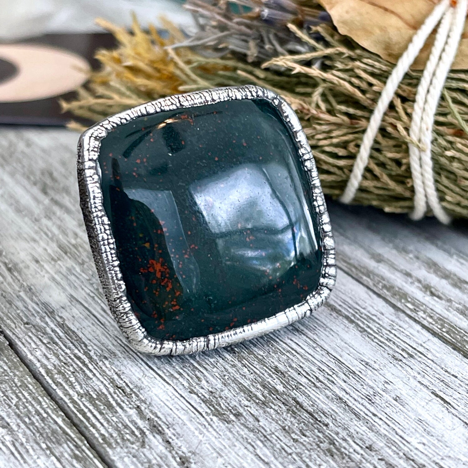 Big Size 8 Natural Bloodstone Statement Ring In Fine Silver / Foxlark Collection - One of a Kind