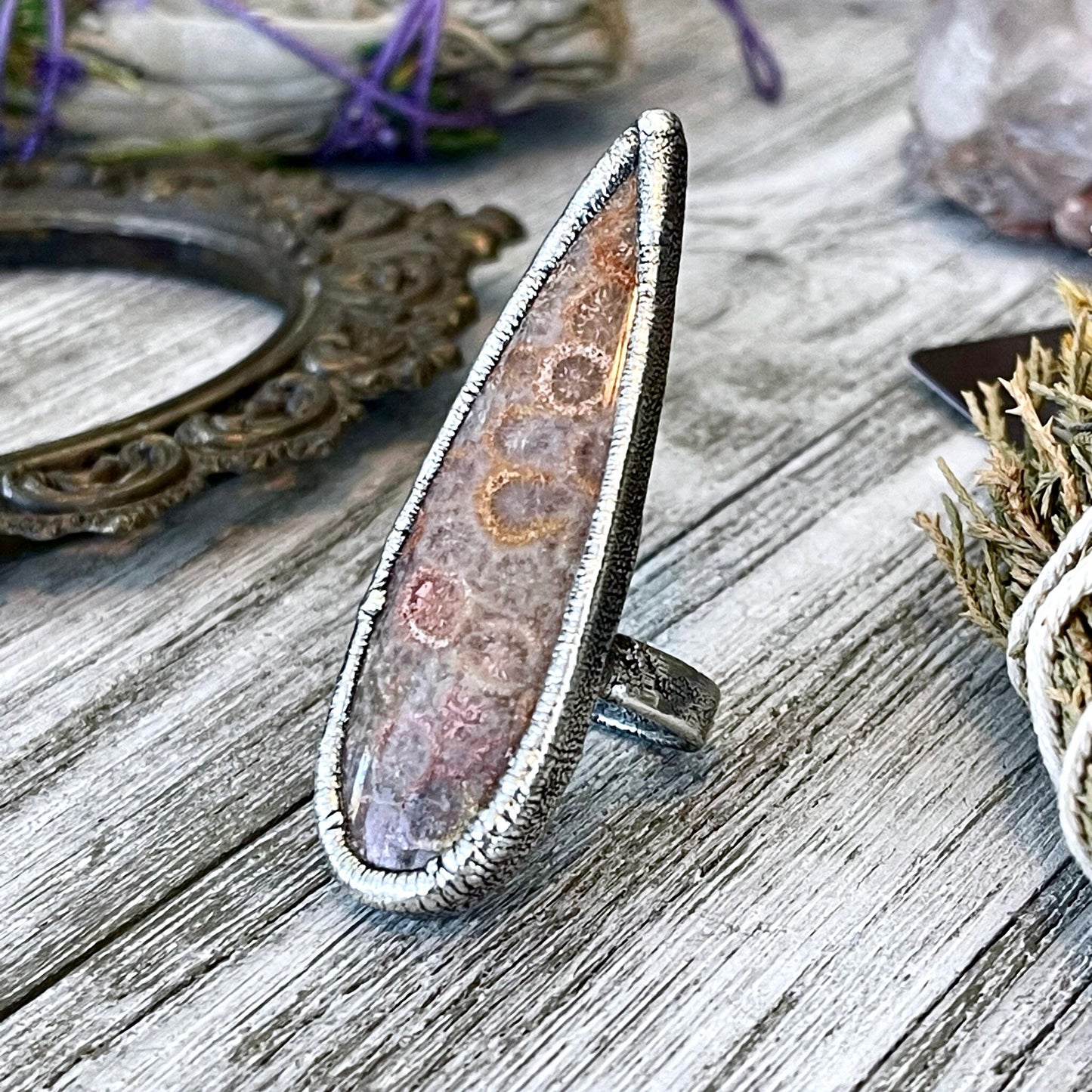Size 8.5 Fossilized Coral Silver Statement Ring / Foxlark Collection - One of a Kind