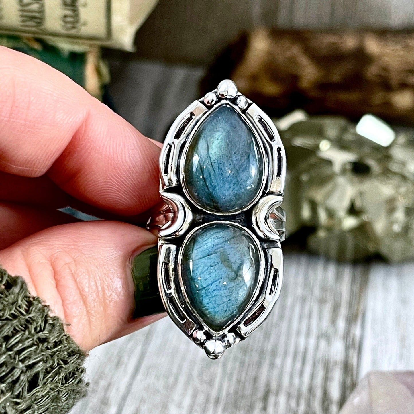 Mystic Moons Labradorite Crystal Ring Sterling Silver Designed FOXLARK Collection Size 6 7 8 9 10