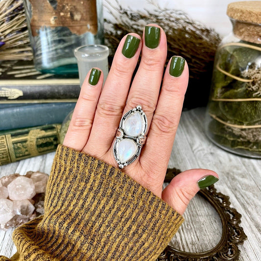 Mystic Moons Rainbow Moonstone Crystal Ring in Solid Sterling Silver- Designed by FOXLARK Collection Size 5 6 7 8 9 10 11 / Gothic Jewelry.