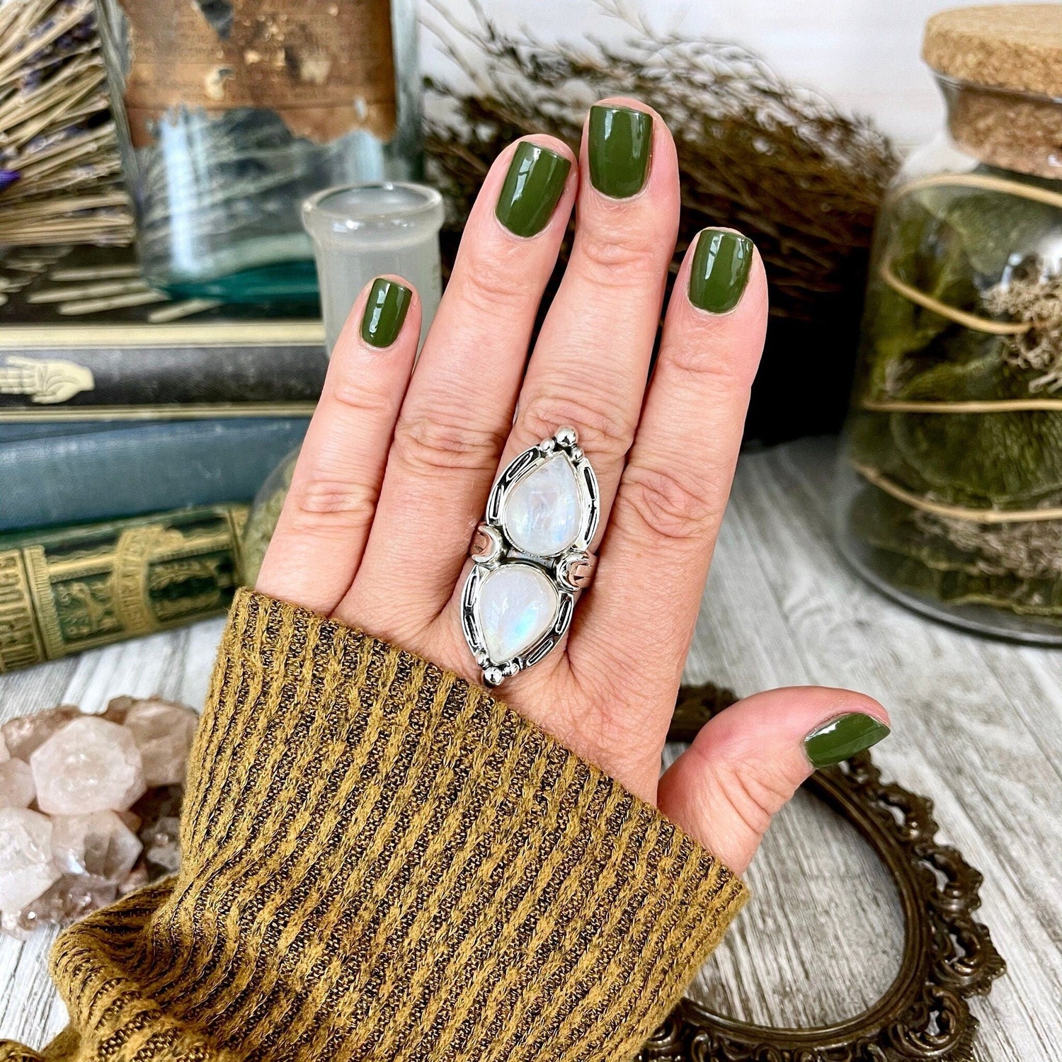 Mystic Moons Rainbow Moonstone Crystal Ring in Solid Sterling Silver- Designed by FOXLARK Collection Size 5 6 7 8 9 10 11
