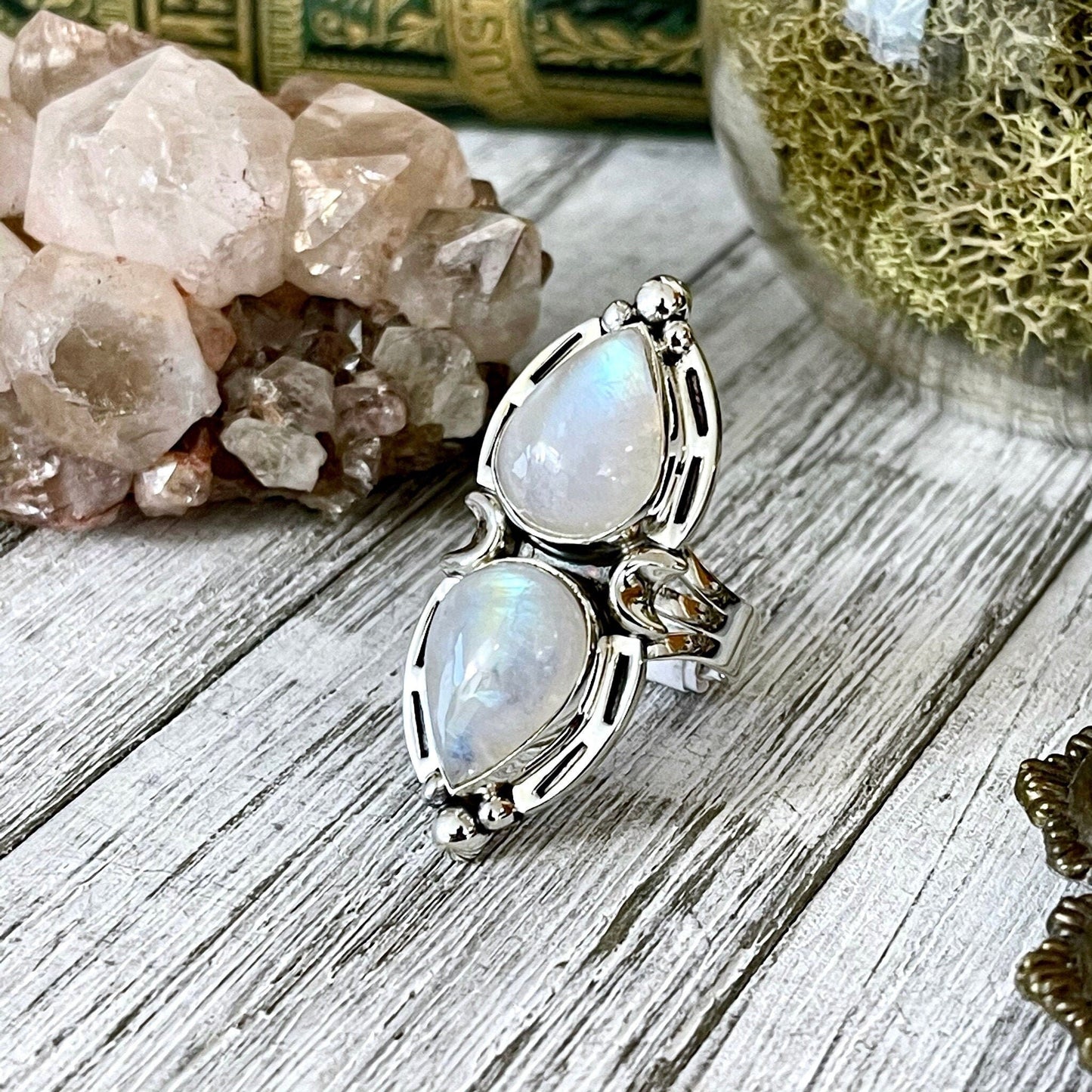 Mystic Moons Rainbow Moonstone Crystal Ring in Solid Sterling Silver- Designed by FOXLARK Collection Size 5 6 7 8 9 10 11