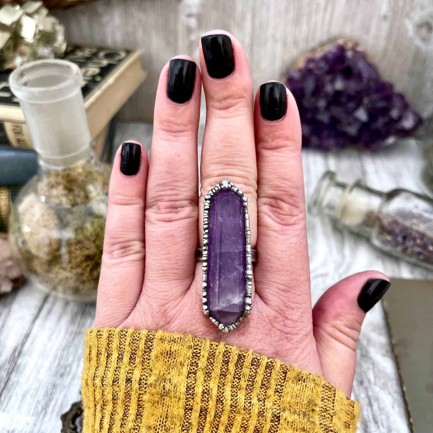 Purple Amethyst Crystal Point Ring Set in Fine Silver Size 8 - 9 / Foxlark Collection - One of a Kind