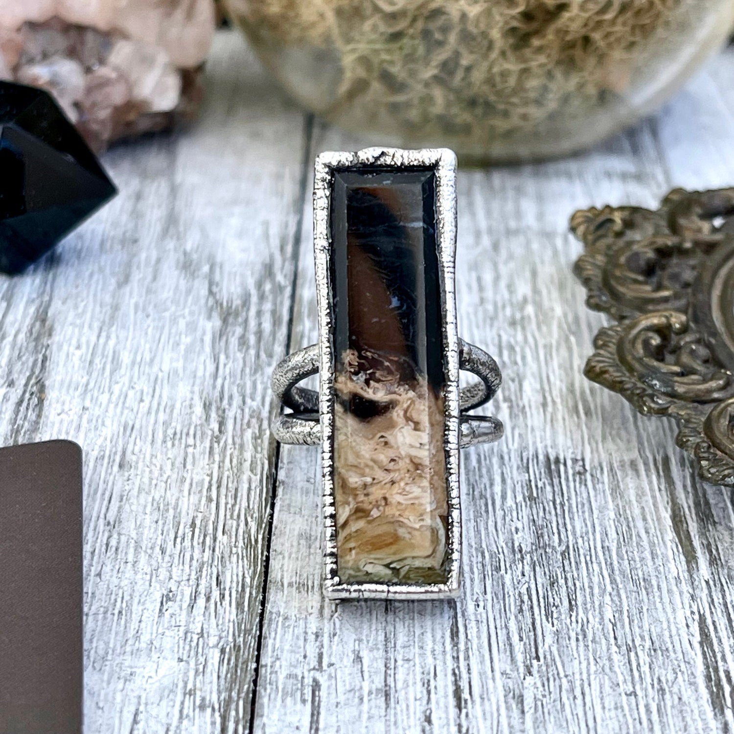 Unique Size 9 Large Fossilized Palm Root Statement Ring in Fine Silver / Foxlark Collection - One of a Kind