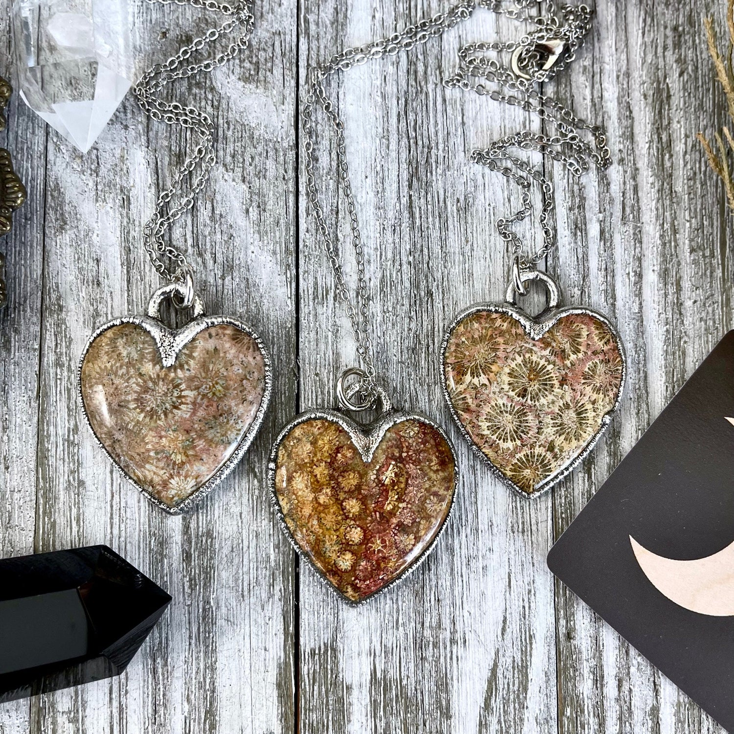 Big Fossilized Coral Heart Necklace in Fine Silver / Foxlark Collection - One of a Kind