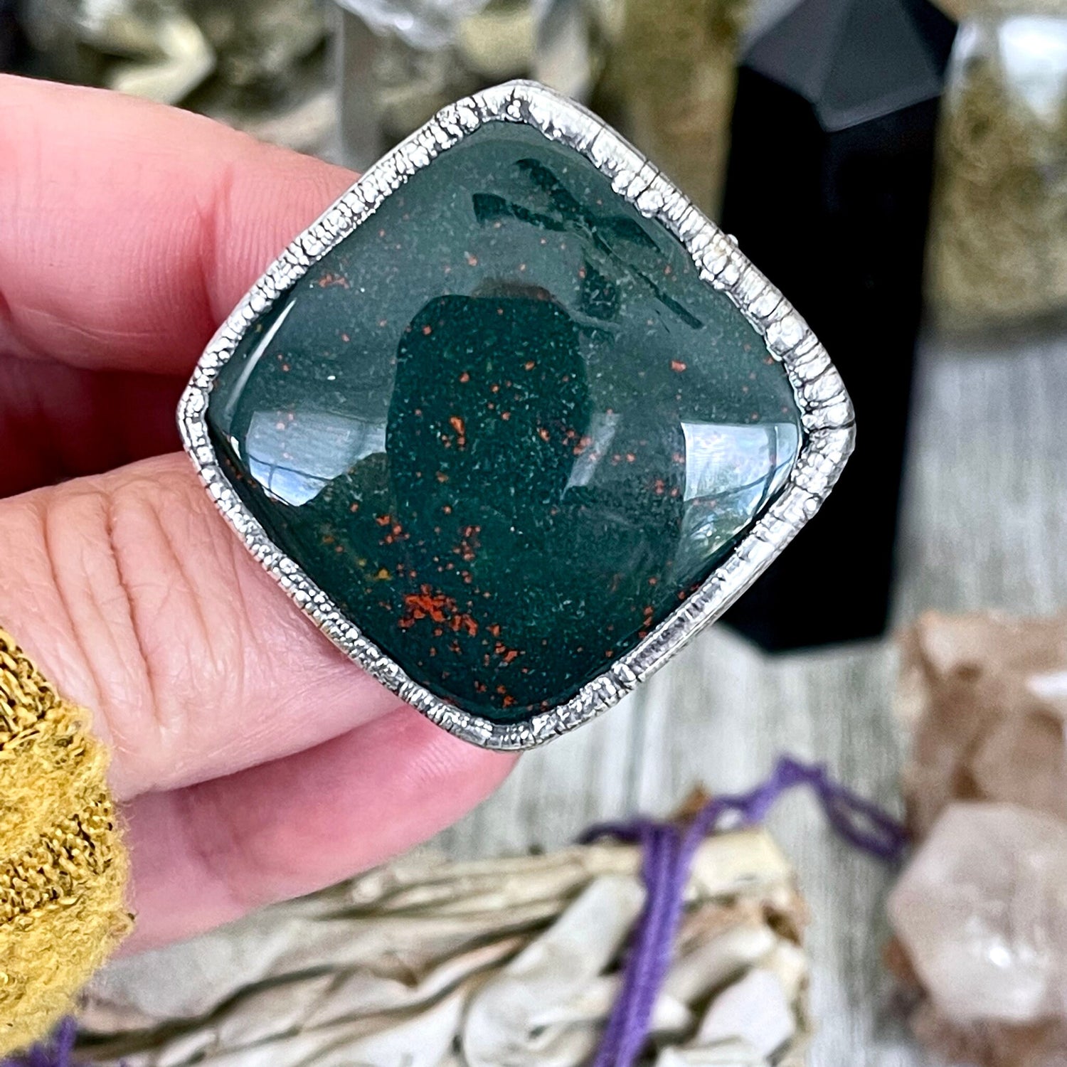 Big Size 8 Natural Bloodstone Statement Ring In Fine Silver / Foxlark Collection - One of a Kind