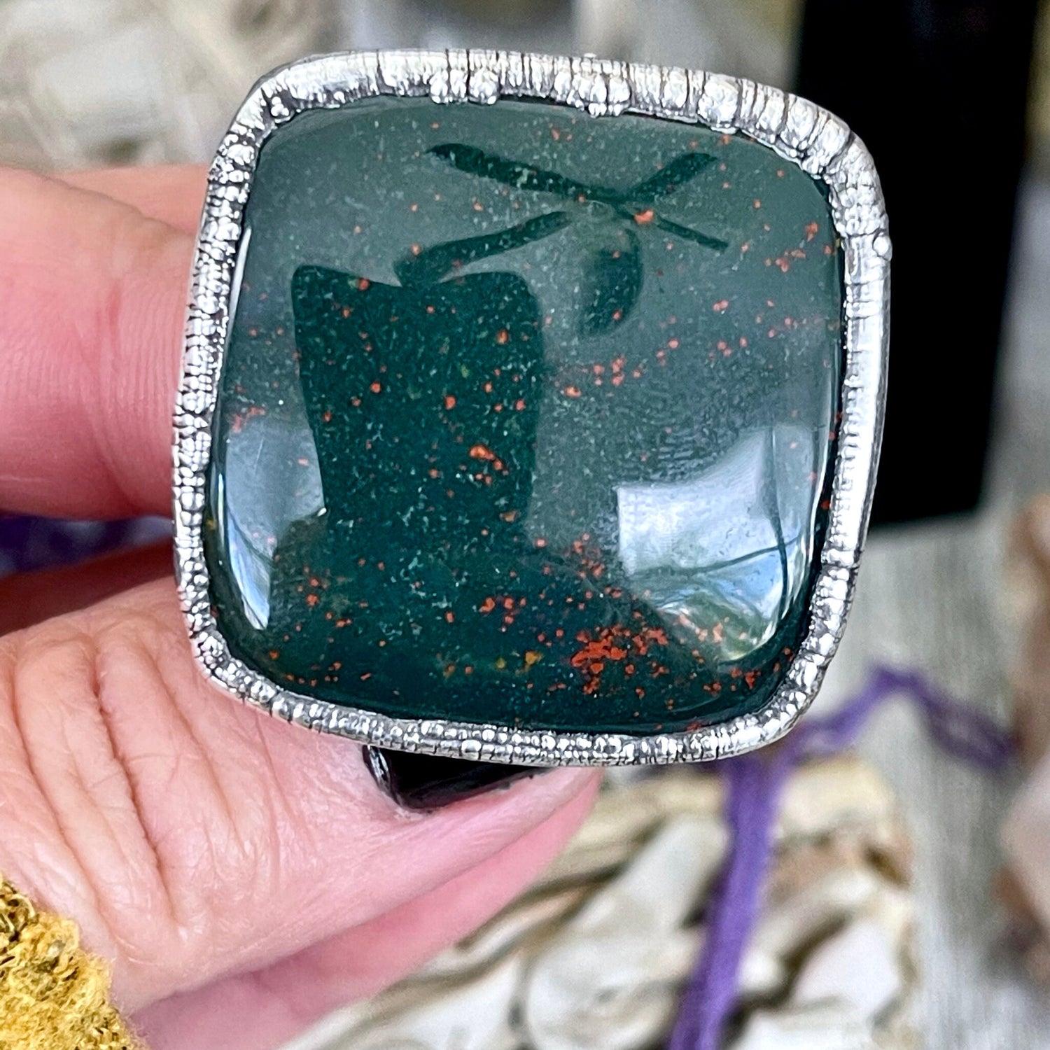 Big Size 8 Natural Bloodstone Statement Ring In Fine Silver / Foxlark Collection - One of a Kind