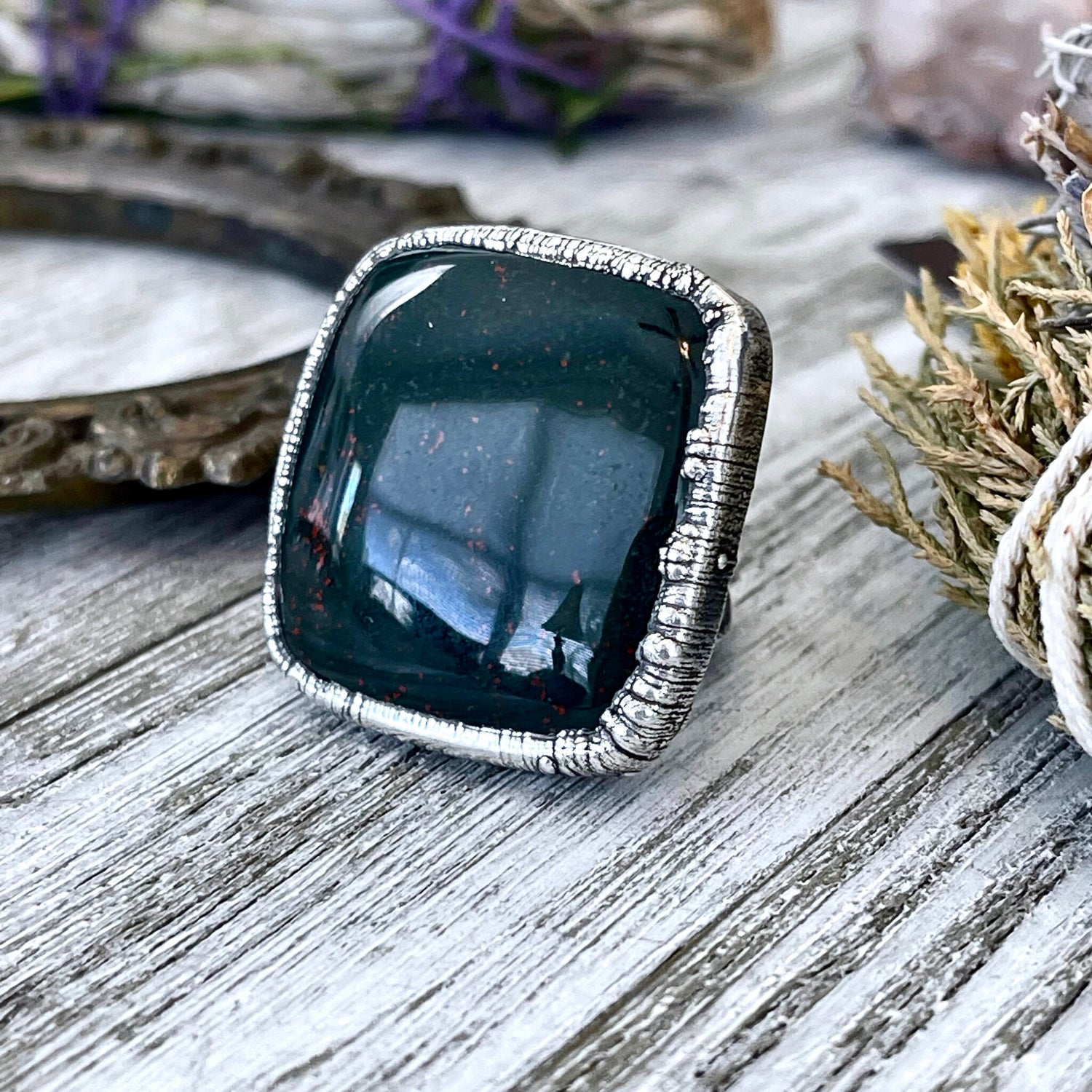 Big Size 8 Natural Bloodstone Statement Ring In Fine Silver / Foxlark Collection - One of a Kind