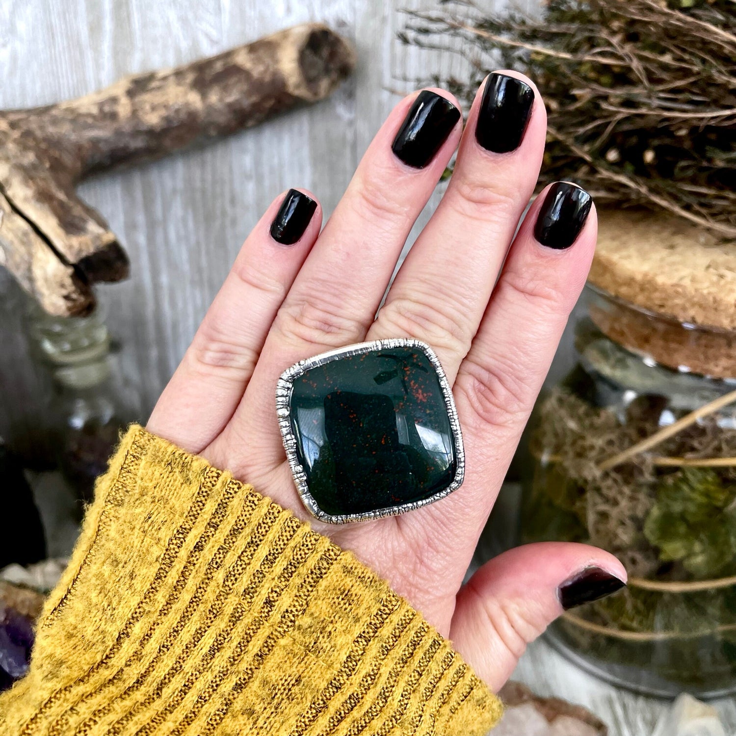 Big Size 8 Natural Bloodstone Statement Ring In Fine Silver / Foxlark Collection - One of a Kind