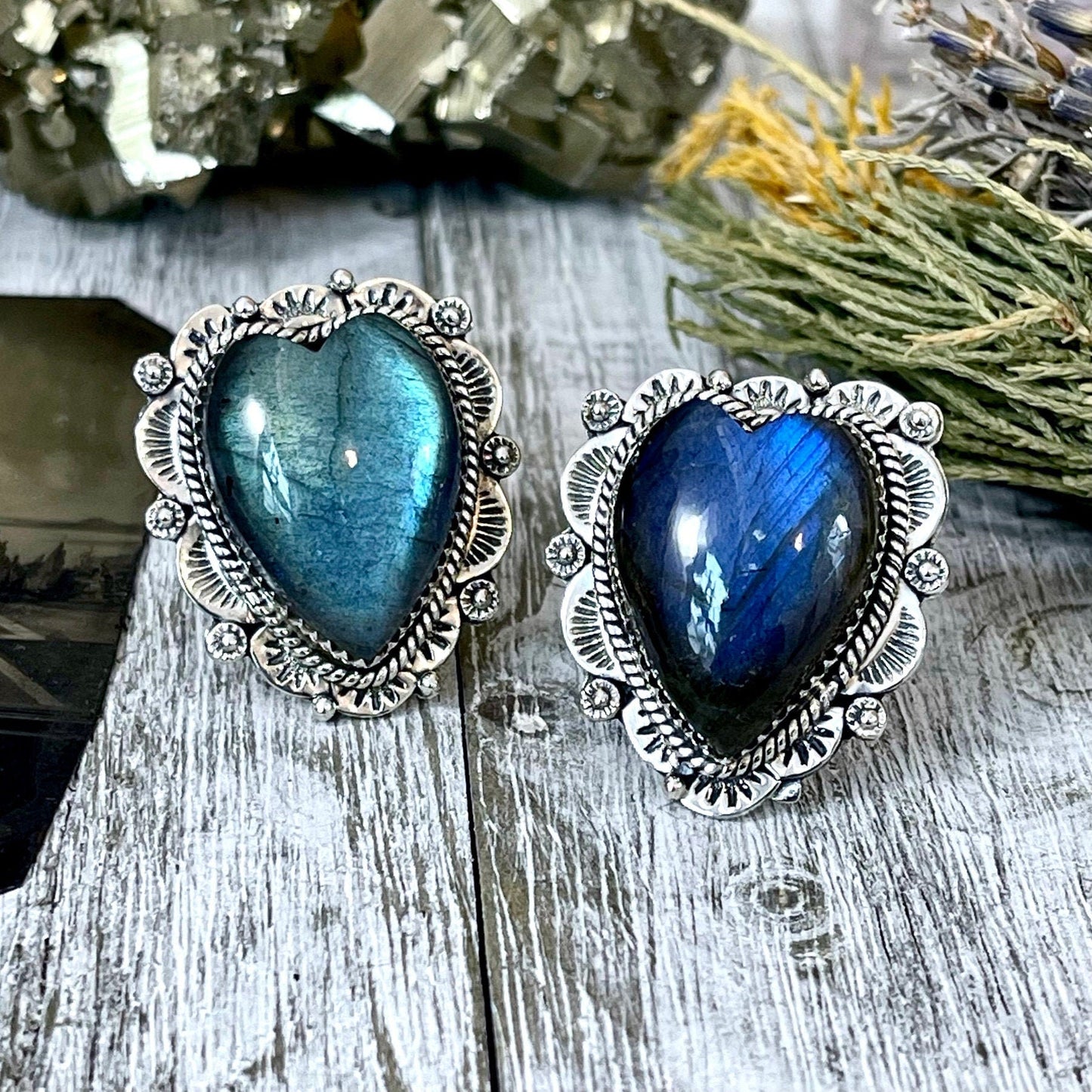 Labradorite Heart Crystal Statement Ring in Sterling Silver 925 - Adjustable - Designed by FOXLARK Collection Adjusts to Size 6,7,8,9, or 10