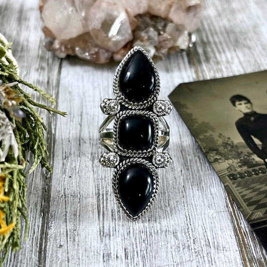 Triple Stone Black Onyx Ring in Solid Sterling Silver- Designed by FOXLARK Collection Size 5 6 7 8 9 10 11