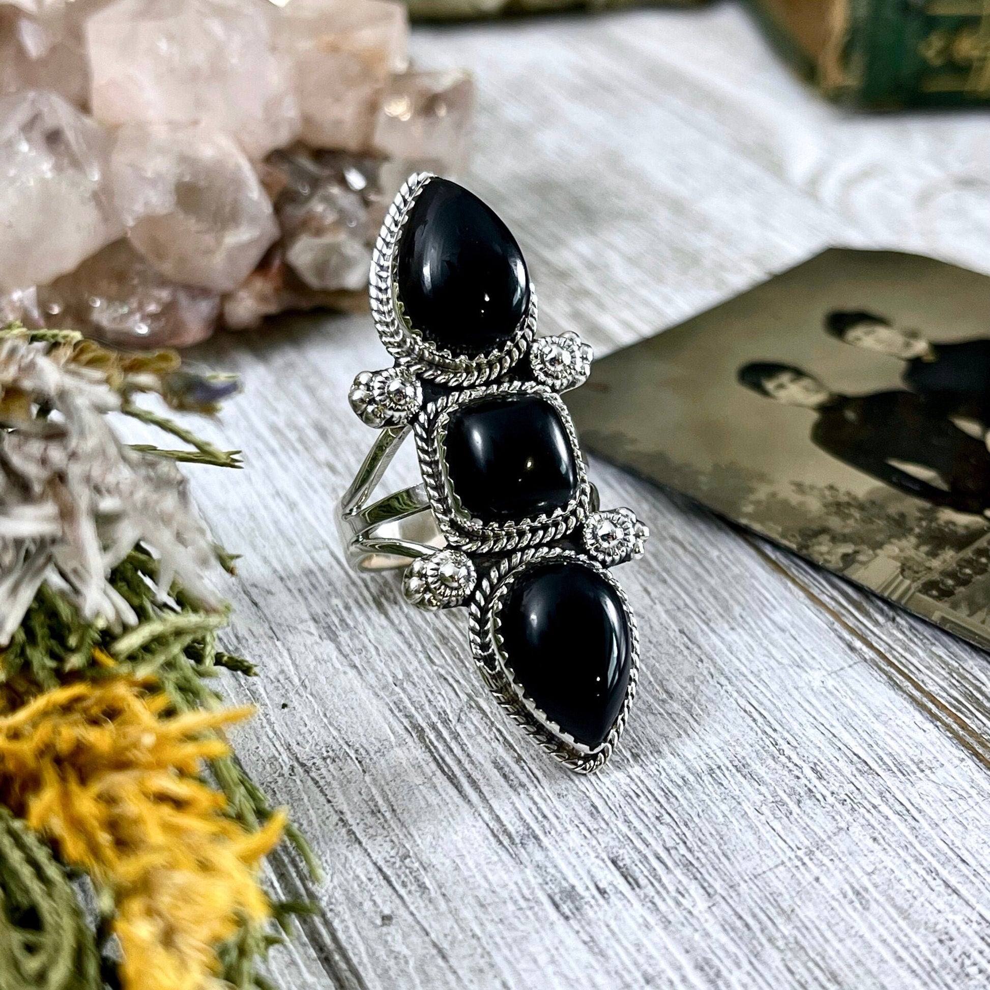 Triple Stone Black Onyx Ring in Solid Sterling Silver- Designed by FOXLARK Collection Size 5 6 7 8 9 10 11 / Big Crystal Ring Witchy Jewelry - Foxlark Crystal Jewelry