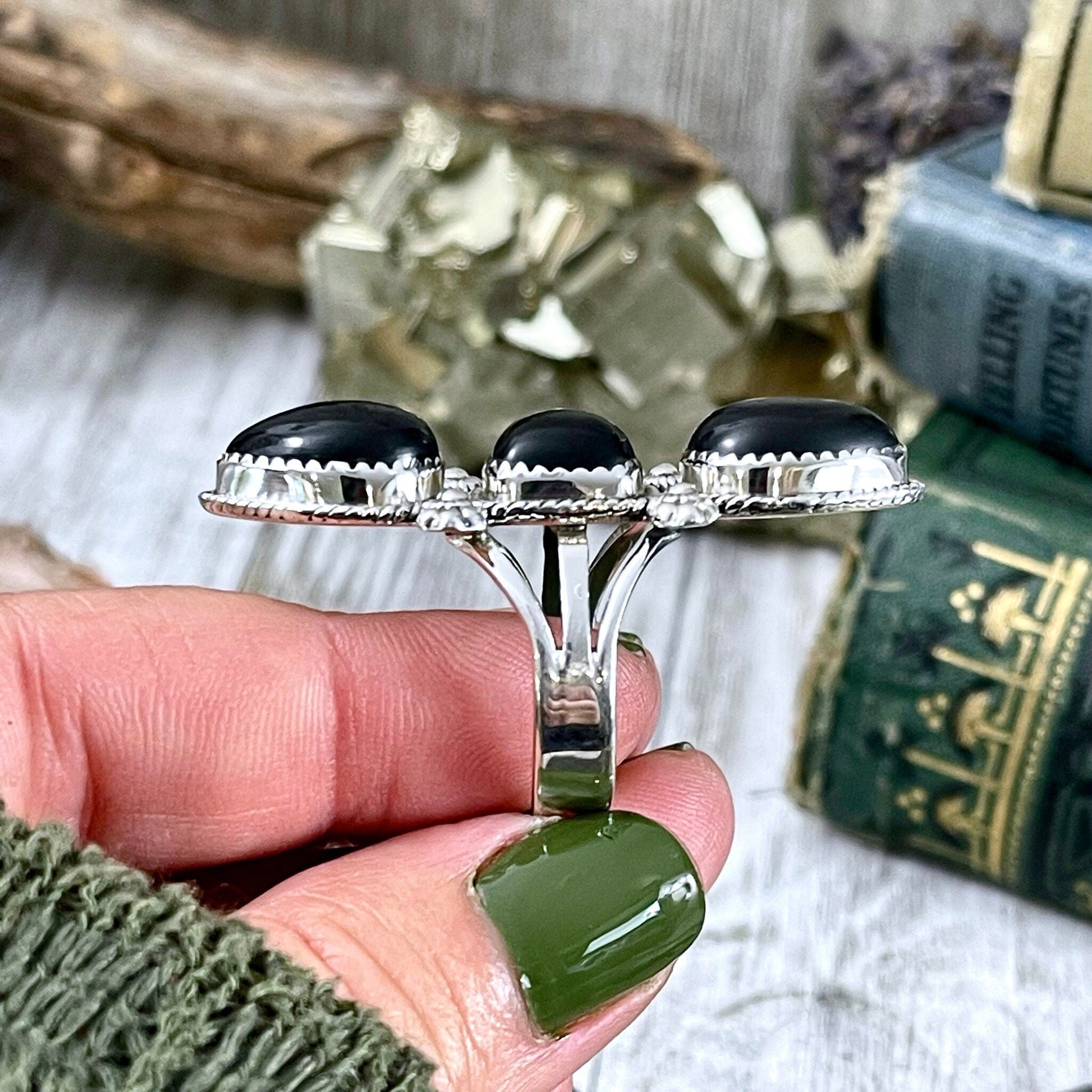 Triple Stone Black Onyx Ring in Solid Sterling Silver- Designed by FOXLARK Collection Size 5 6 7 8 9 10 11 / Big Crystal Ring Witchy Jewelry - Foxlark Crystal Jewelry