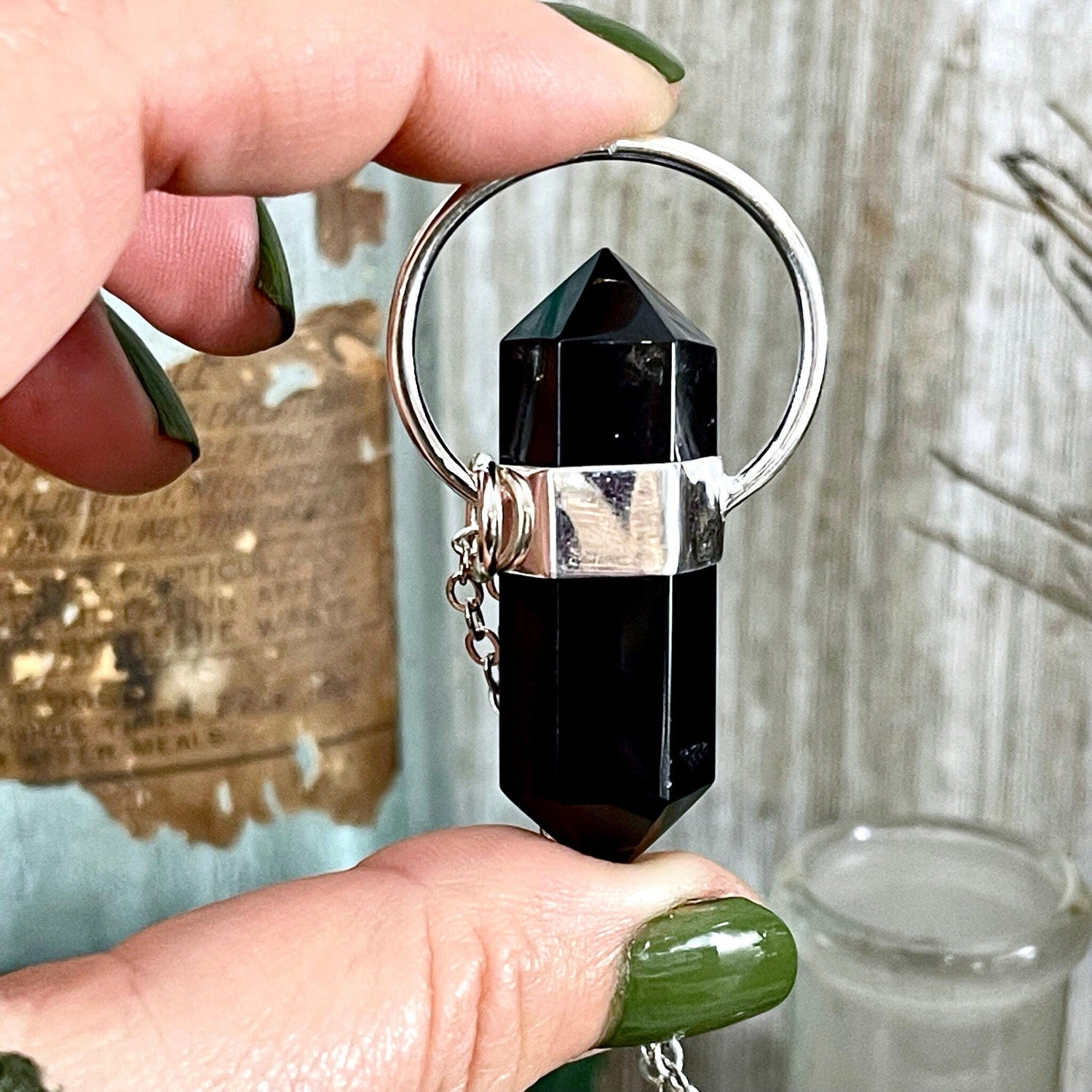 Black Onyx Crystal Point Necklace in Sterling Silver -Designed by FOXLARK Collection