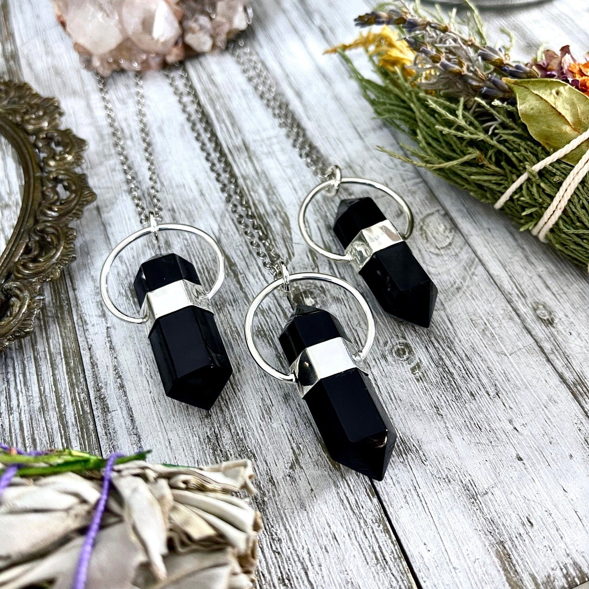 Black Onyx Crystal Point Necklace in Sterling Silver -Designed by FOXL