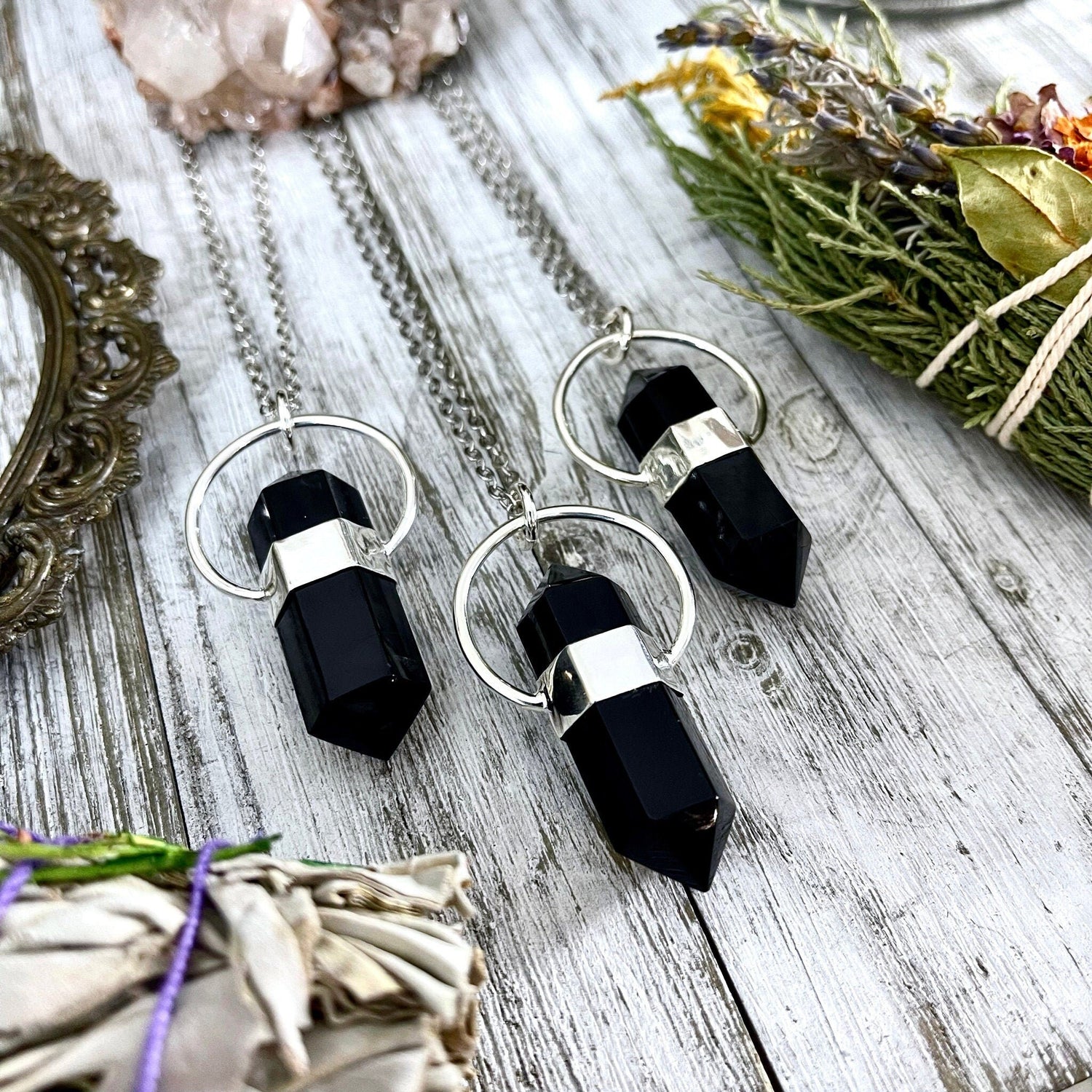 Black Onyx Crystal Point Necklace in Sterling Silver -Designed by FOXLARK Collection