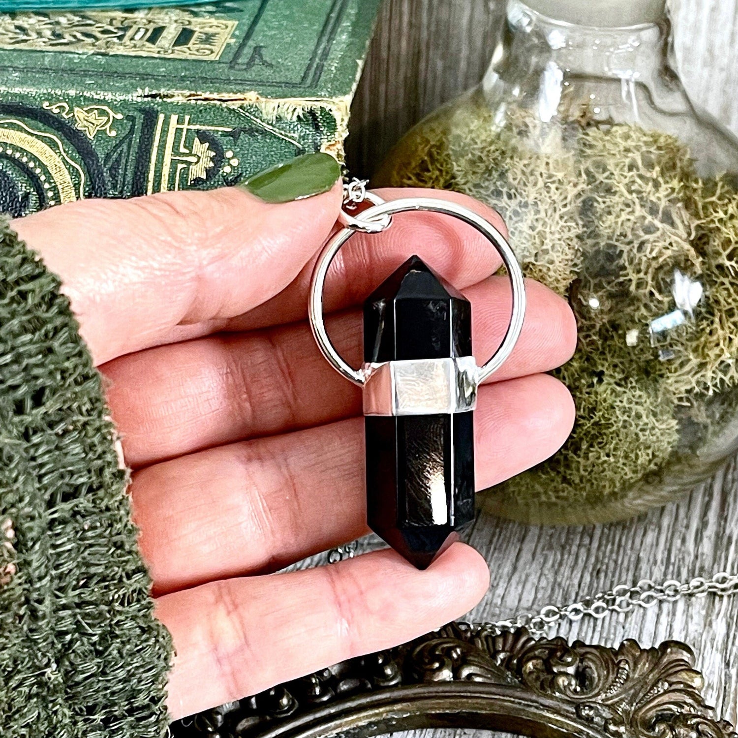 Black Onyx Crystal Point Necklace in Sterling Silver -Designed by FOXLARK Collection