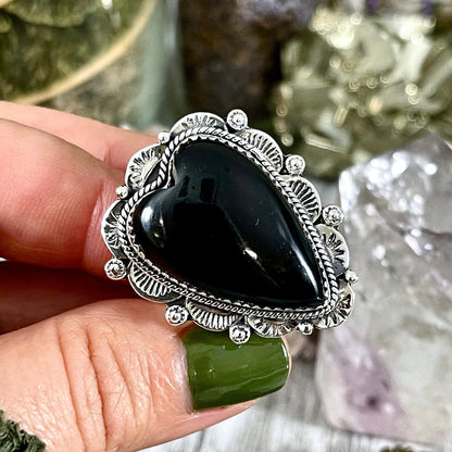 Black Onyx Heart Crystal Statement Ring in Sterling Silver- Designed by FOXLARK Collection Adjusts to size 6,7,8,9, or 10 / Gothic Jewelry.