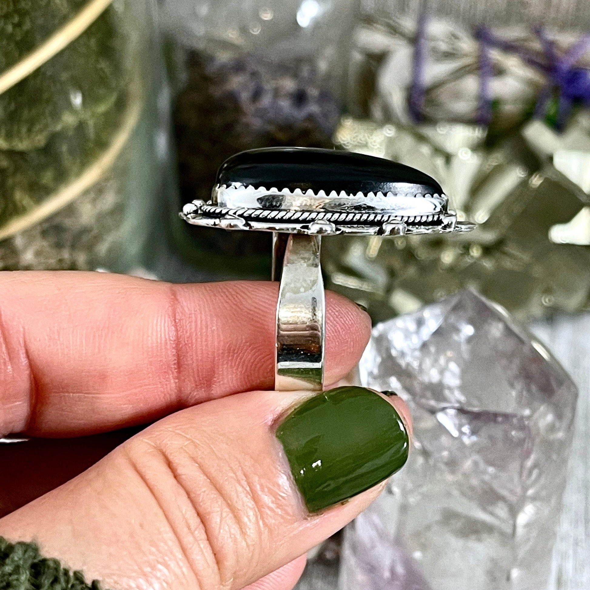 Black Onyx Heart Crystal Statement Ring in Sterling Silver- Designed by FOXLARK Collection Adjusts to size 6,7,8,9, or 10 / Gothic Jewelry.