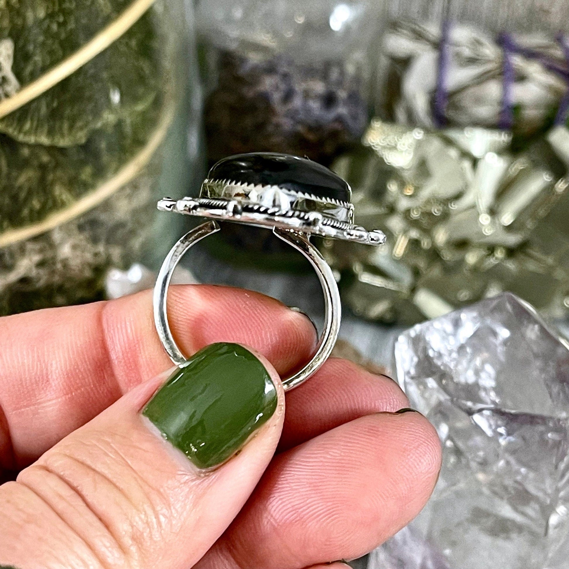 Black Onyx Heart Crystal Statement Ring in Sterling Silver- Designed by FOXLARK Collection Adjusts to size 6,7,8,9, or 10 / Gothic Jewelry.