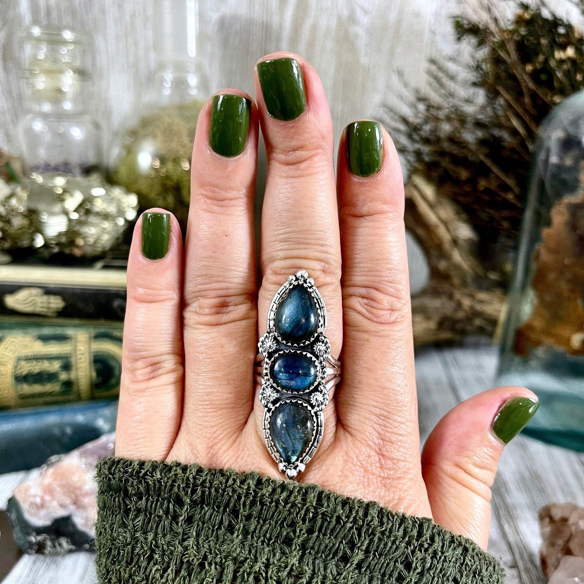 Three Stone Labradorite Ring in Sterling Silver / Designed by FOXLARK Collection Size 5 6 7 8 9 10 11 - Foxlark Crystal Jewelry
