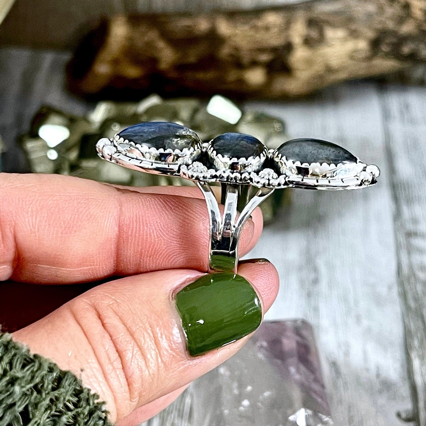 Three Stone Labradorite Ring in Sterling Silver / Designed by FOXLARK Collection Size 5 6 7 8 9 10 11 - Foxlark Crystal Jewelry