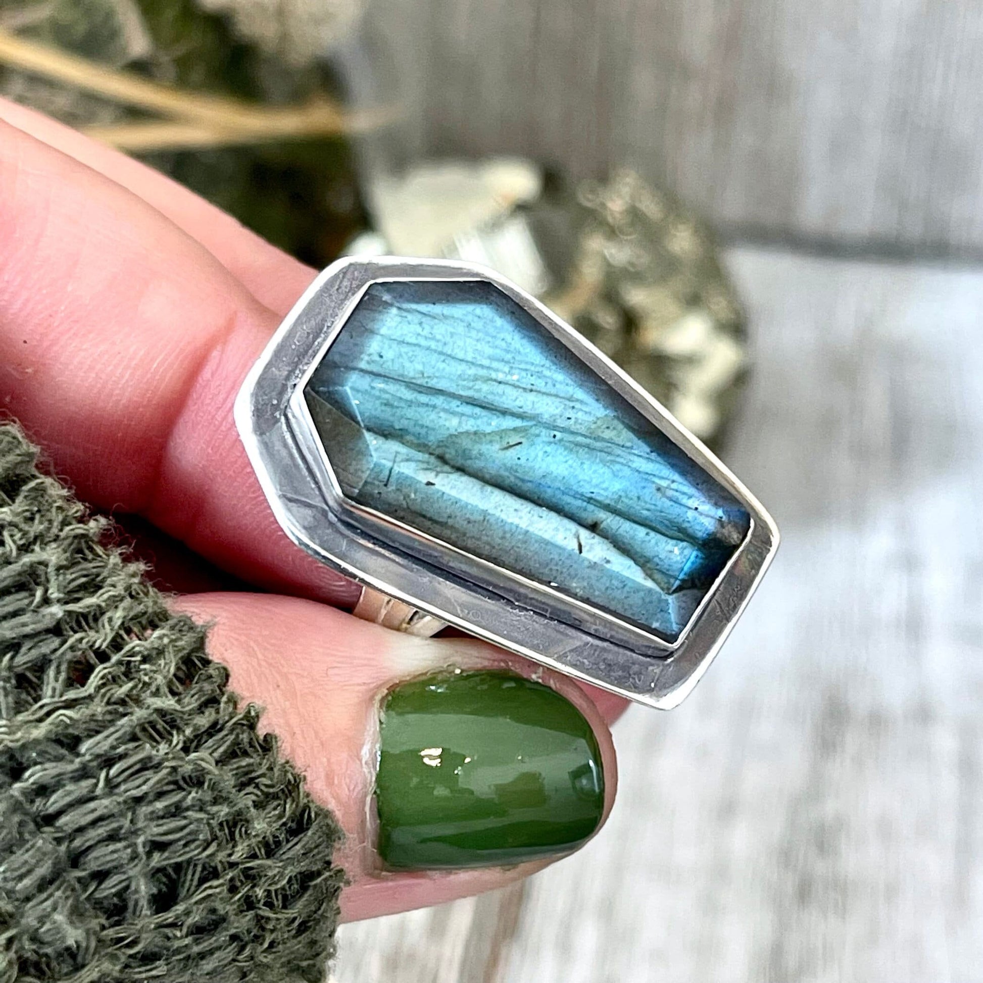 Labradorite Coffin Ring in Solid Sterling Silver- Designed by FOXLARK Collection Size 6 7 8 9 10 / Big Crystal Ring Witchy Jewelry - Foxlark Crystal Jewelry