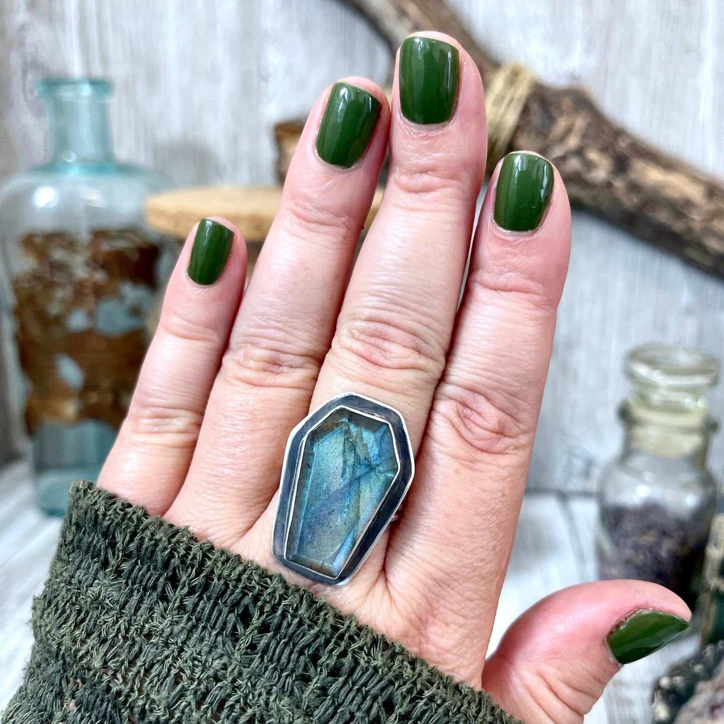 Labradorite Coffin Ring in Solid Sterling Silver- Designed by FOXLARK Collection Size 6 7 8 9 10 / Big Crystal Ring Witchy Jewelry - Foxlark Crystal Jewelry