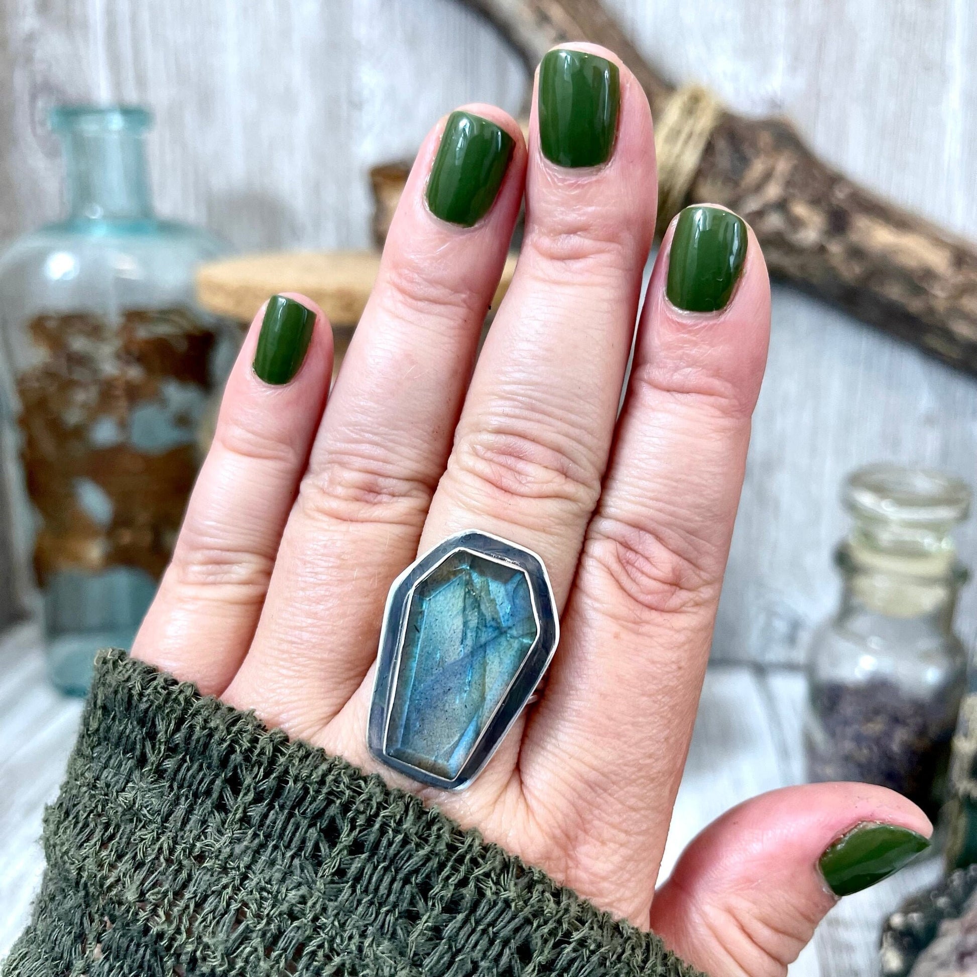 Labradorite Coffin Ring in Solid Sterling Silver- Designed by FOXLARK Collection Size 6 7 8 9 10 / Big Crystal Ring Witchy Jewelry - Foxlark Crystal Jewelry