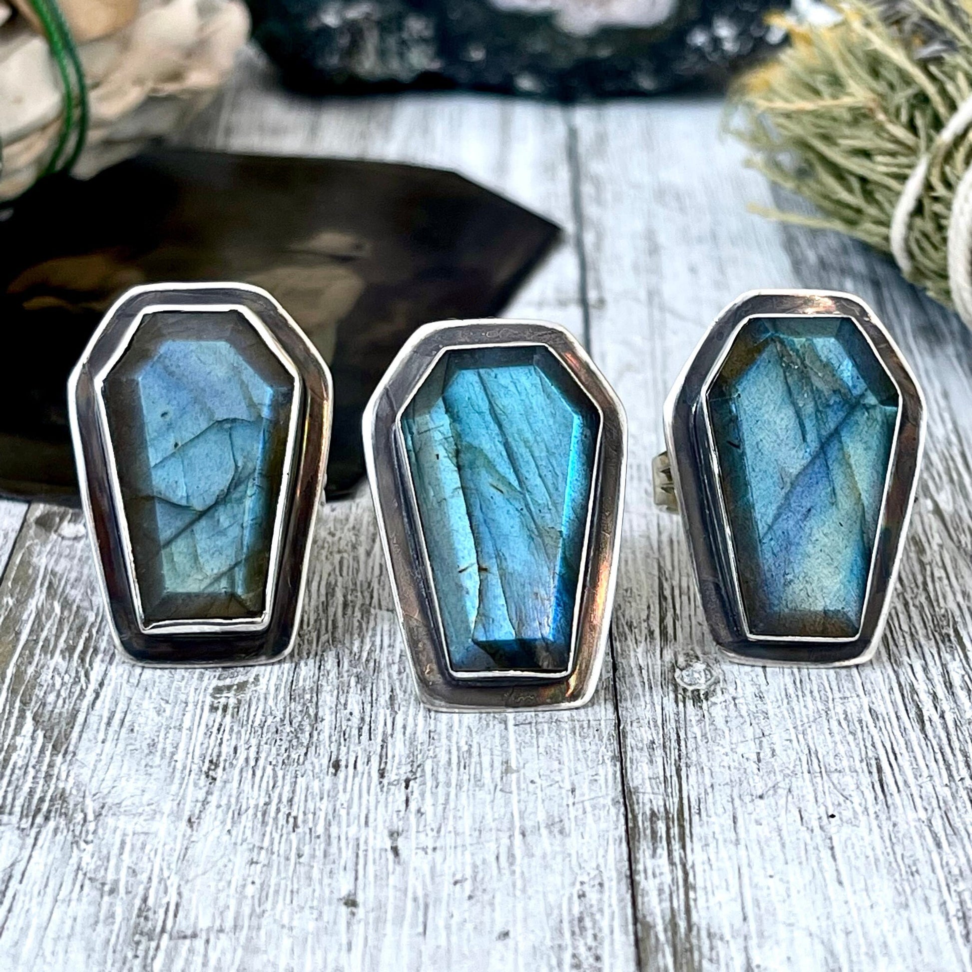 Labradorite Coffin Ring in Solid Sterling Silver- Designed by FOXLARK Collection Size 6 7 8 9 10 / Big Crystal Ring Witchy Jewelry - Foxlark Crystal Jewelry