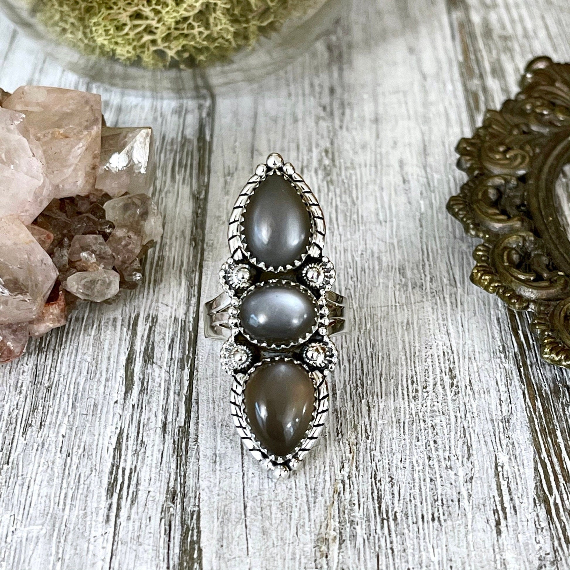 3 Stone Ring, Big Stone Ring, Bohemian Ring, Boho Jewelry, Boho Ring, Crystal Ring, Etsy Id 1064530524, Etsy ID: 1593862008, Foxlark Alchemy, Foxlark- Rings, Gift For Woman, Grey Moonstone, Gypsy Ring, Jewelry, Rings, Statement Rings, Wholesale