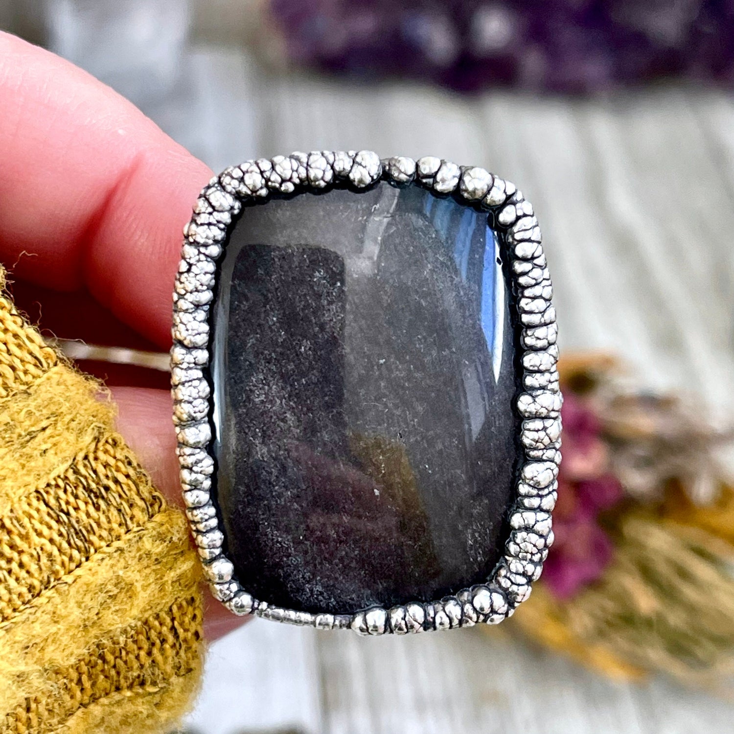 Size 9 Silver Sheen Obsidian Statement Ring in fine Silver / Foxlark Collection - One of a Kind