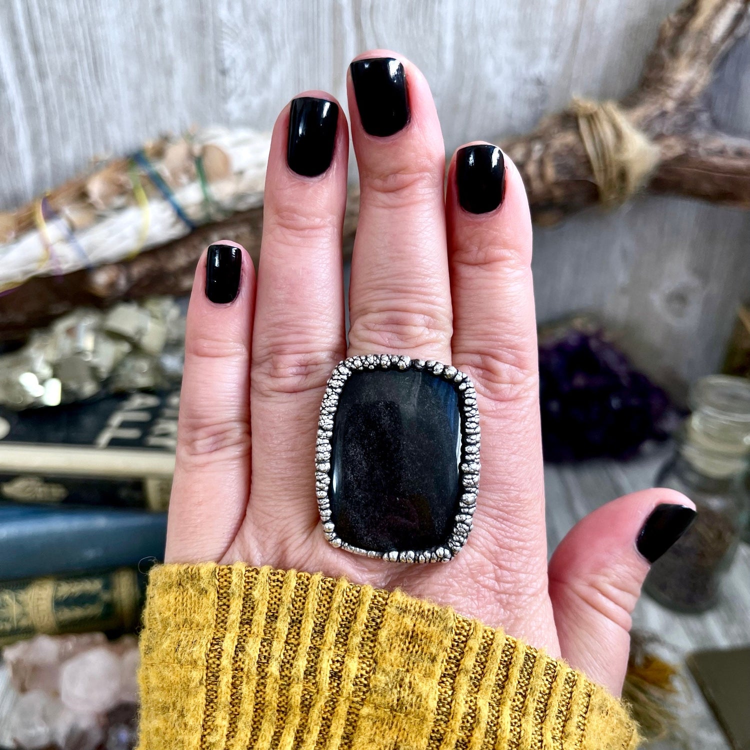 Size 9 Silver Sheen Obsidian Statement Ring in fine Silver / Foxlark Collection - One of a Kind