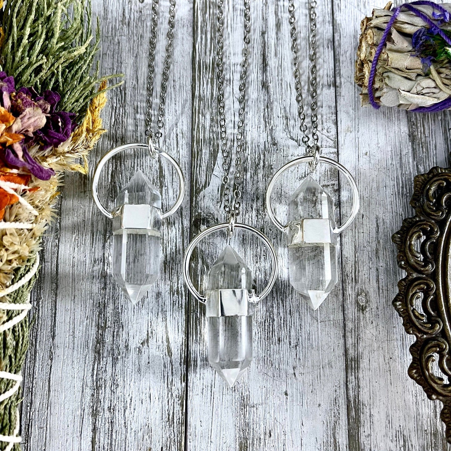 Clear Quartz Crystal Point Necklace in Sterling Silver  -Designed by FOXLARK Collection.