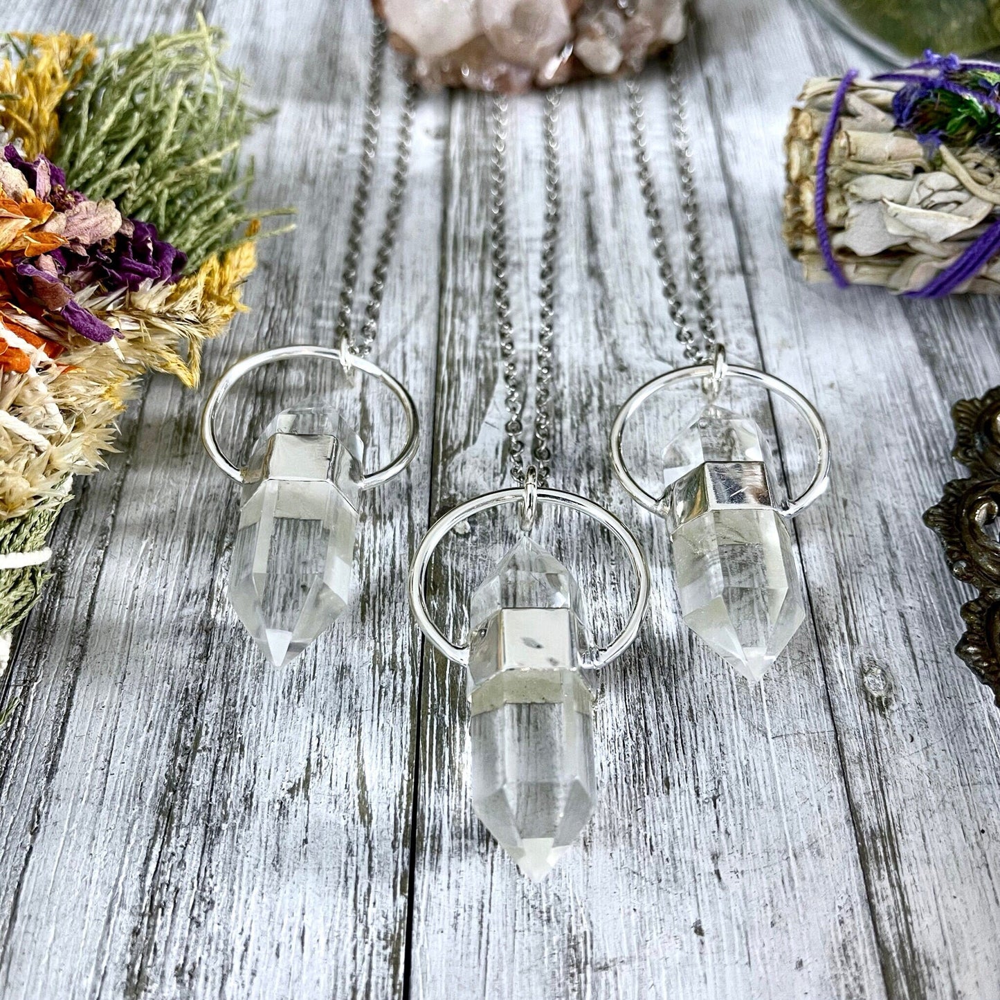 Clear Quartz Crystal Point Necklace in Sterling Silver  -Designed by FOXLARK Collection.