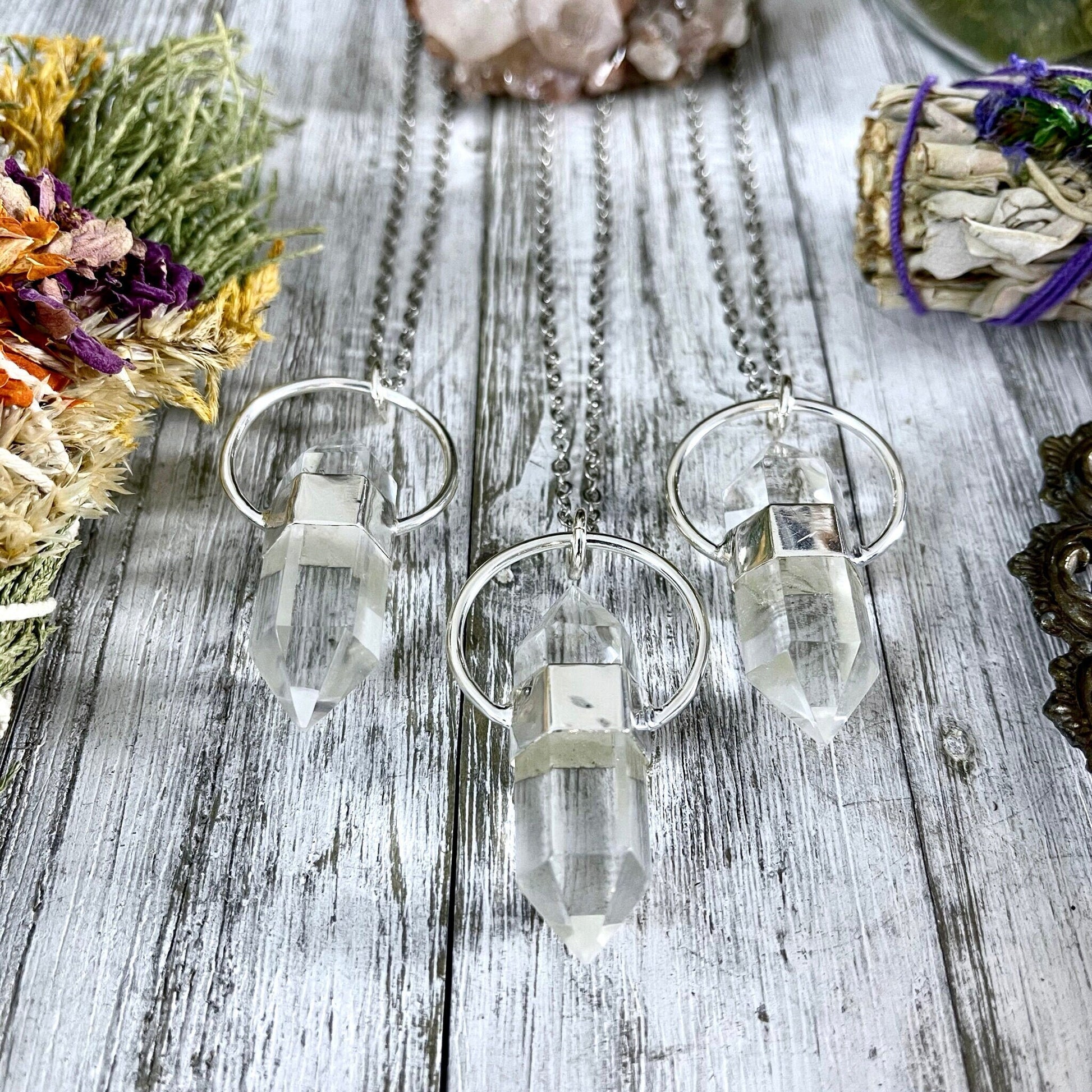 Clear Quartz Crystal Point Necklace in Sterling Silver  -Designed by FOXLARK Collection.