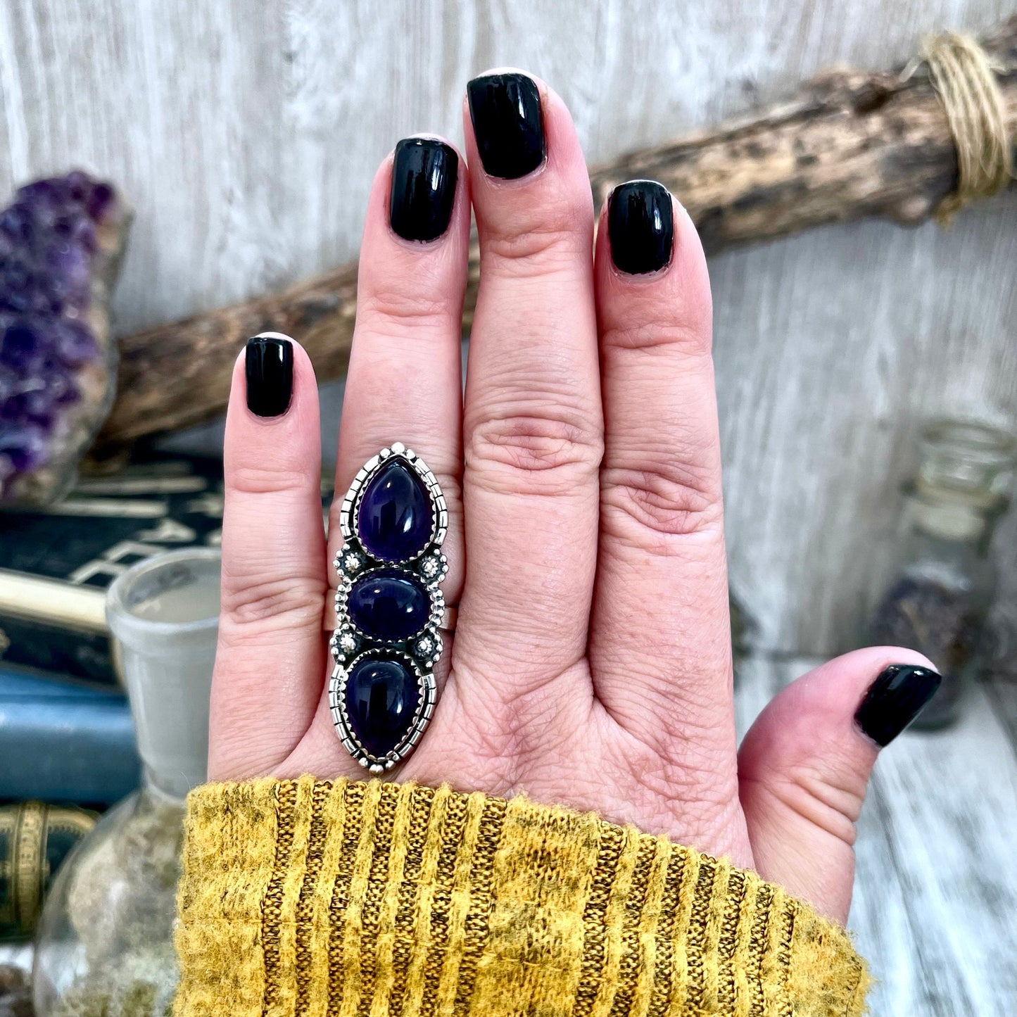 3 Stone Ring, Adjustable Ring, Amethyst Ring, Big Crystal Ring, Big Stone Ring, Bohemian Ring, Boho Jewelry, Boho Ring, Etsy ID: 1333720027, Festival Jewelry, Foxlark- Rings, Gift For Woman, Jewelry, Purple Amethyst, Rings, Statement Rings, Three Stone, W