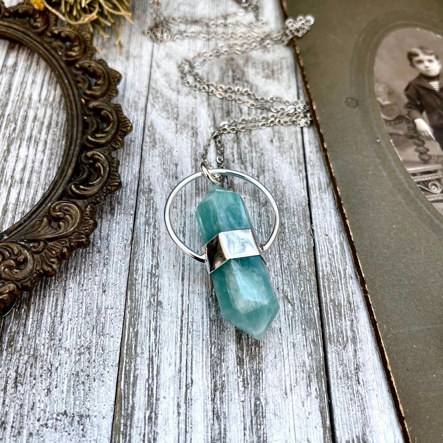 Blue Amazonite Crystal Point Necklace in Sterling Silver  -Designed by FOXLARK Collection