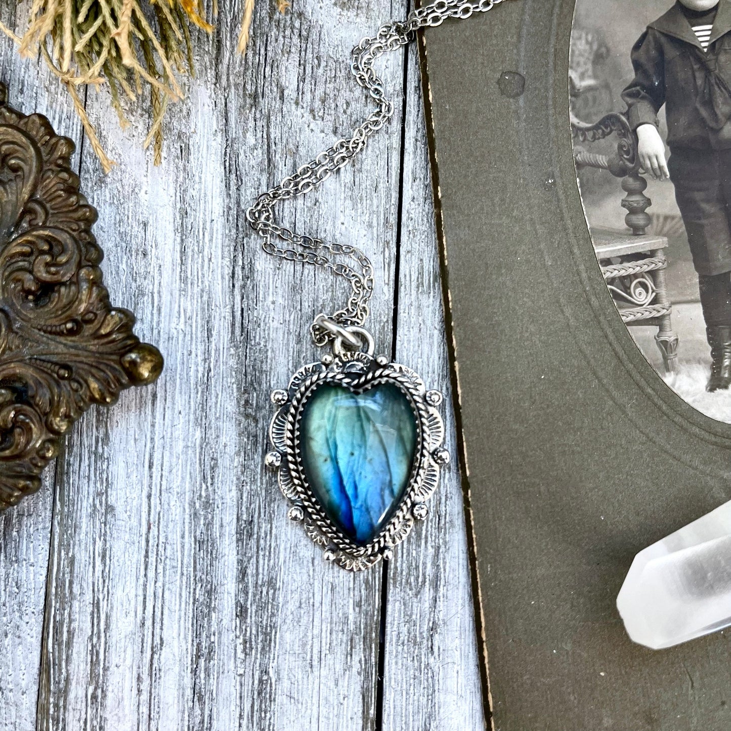 Blue Labradorite Crystal Heart Necklace in Sterling Silver -Designed by FOXLARK Collection